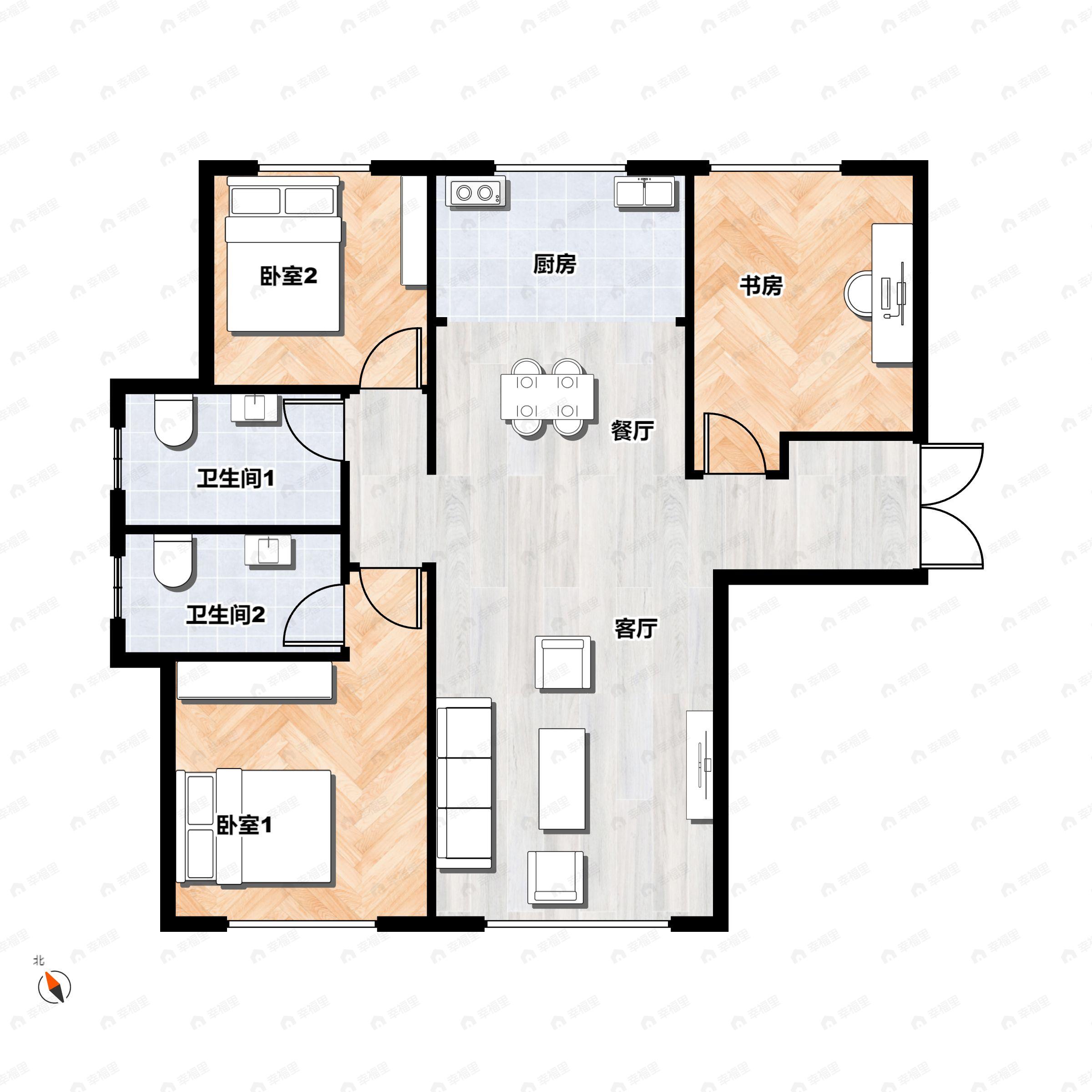 3室2厅2卫建面124平户型图