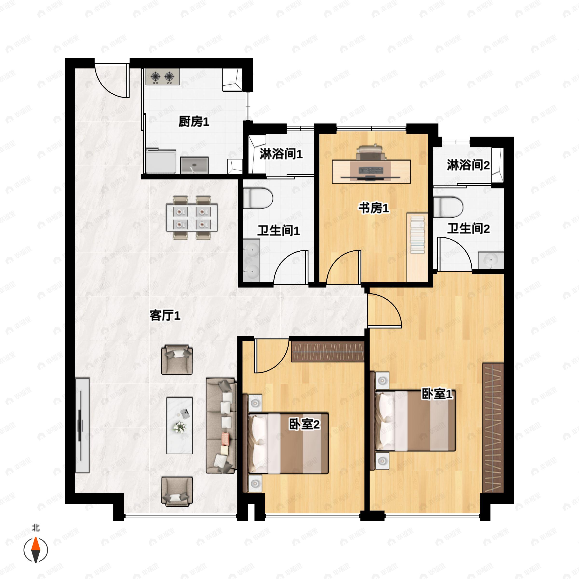 3室2厅2卫建面105m²北|南户型图