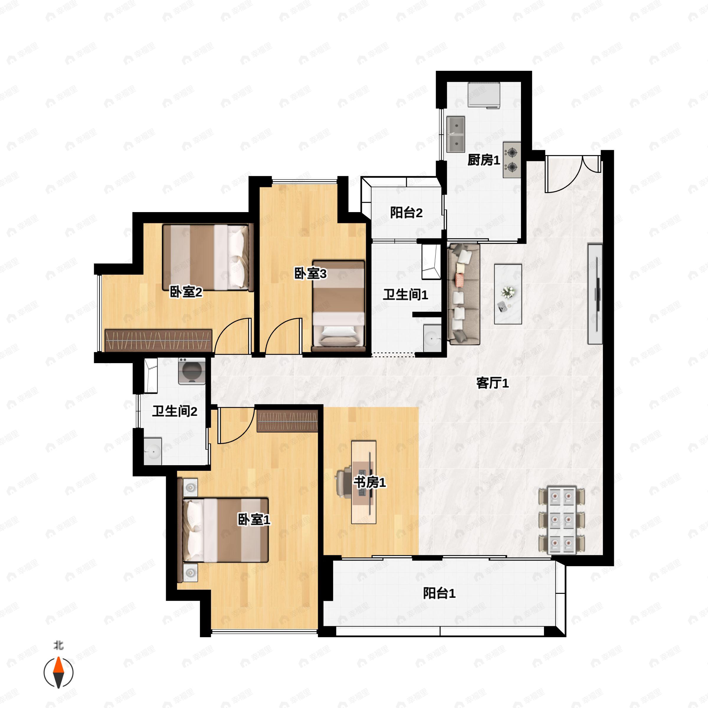 3室2厅2卫建面128m²南|北户型图