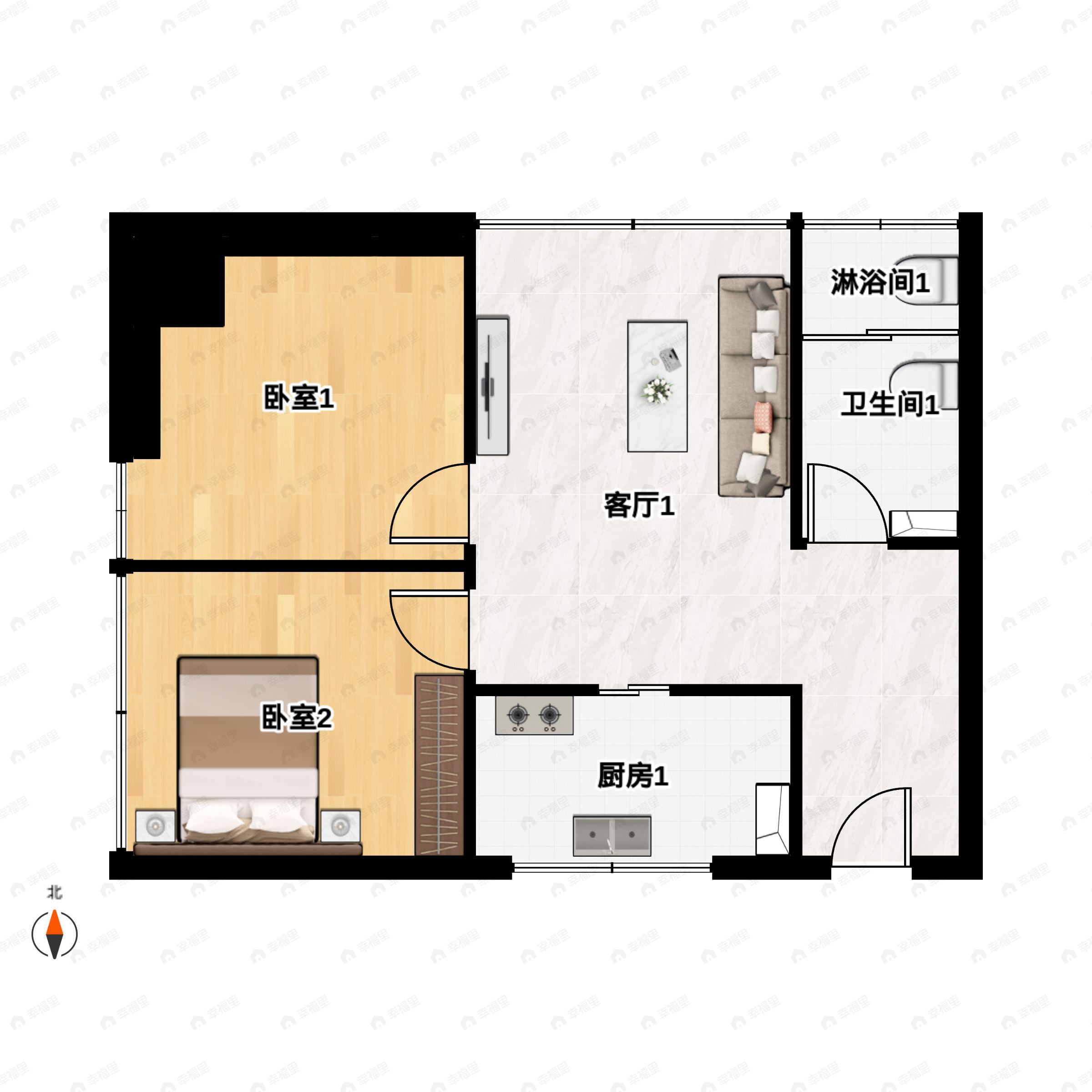 2室1厅1卫建面60平户型图