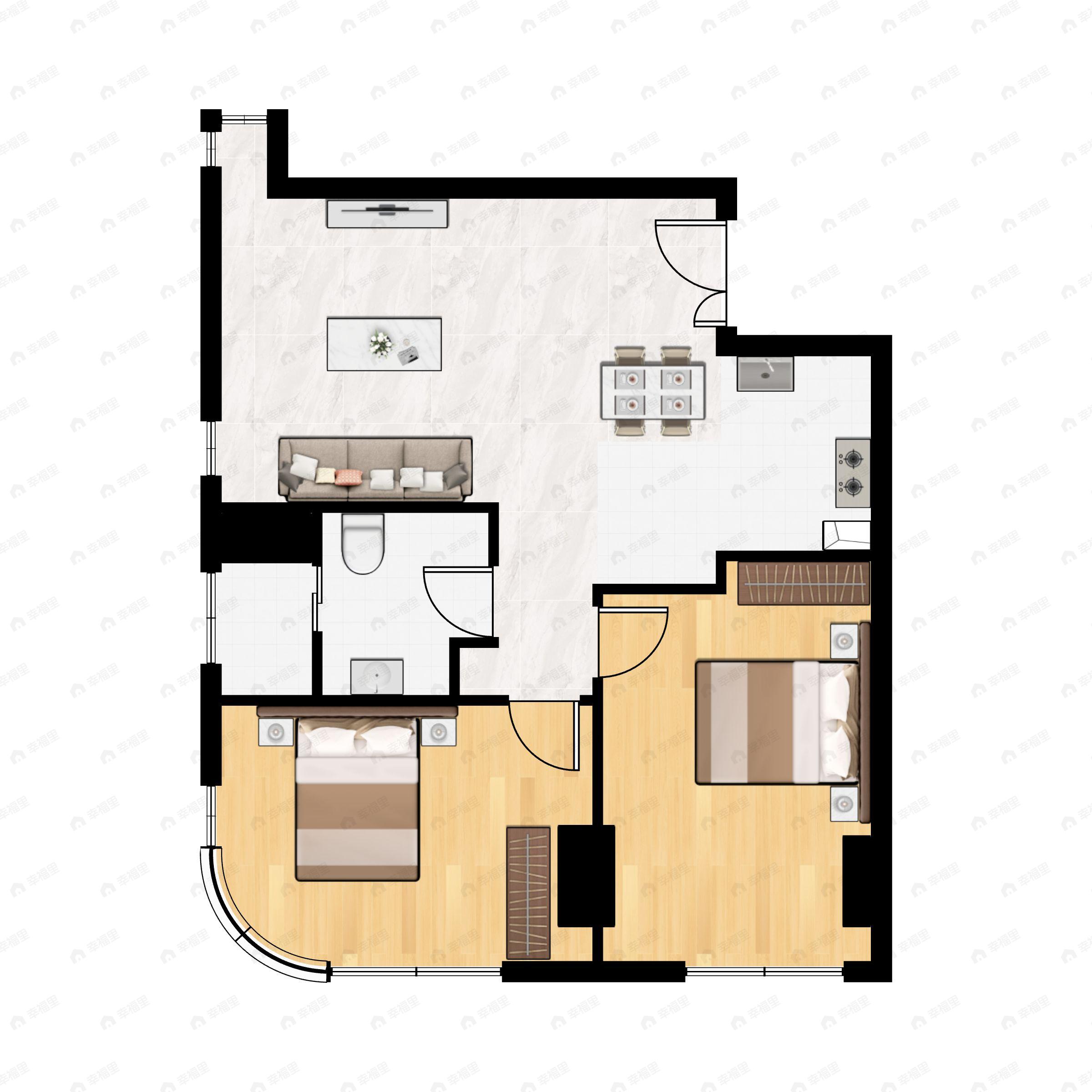 2室2厅1卫建面102平户型图