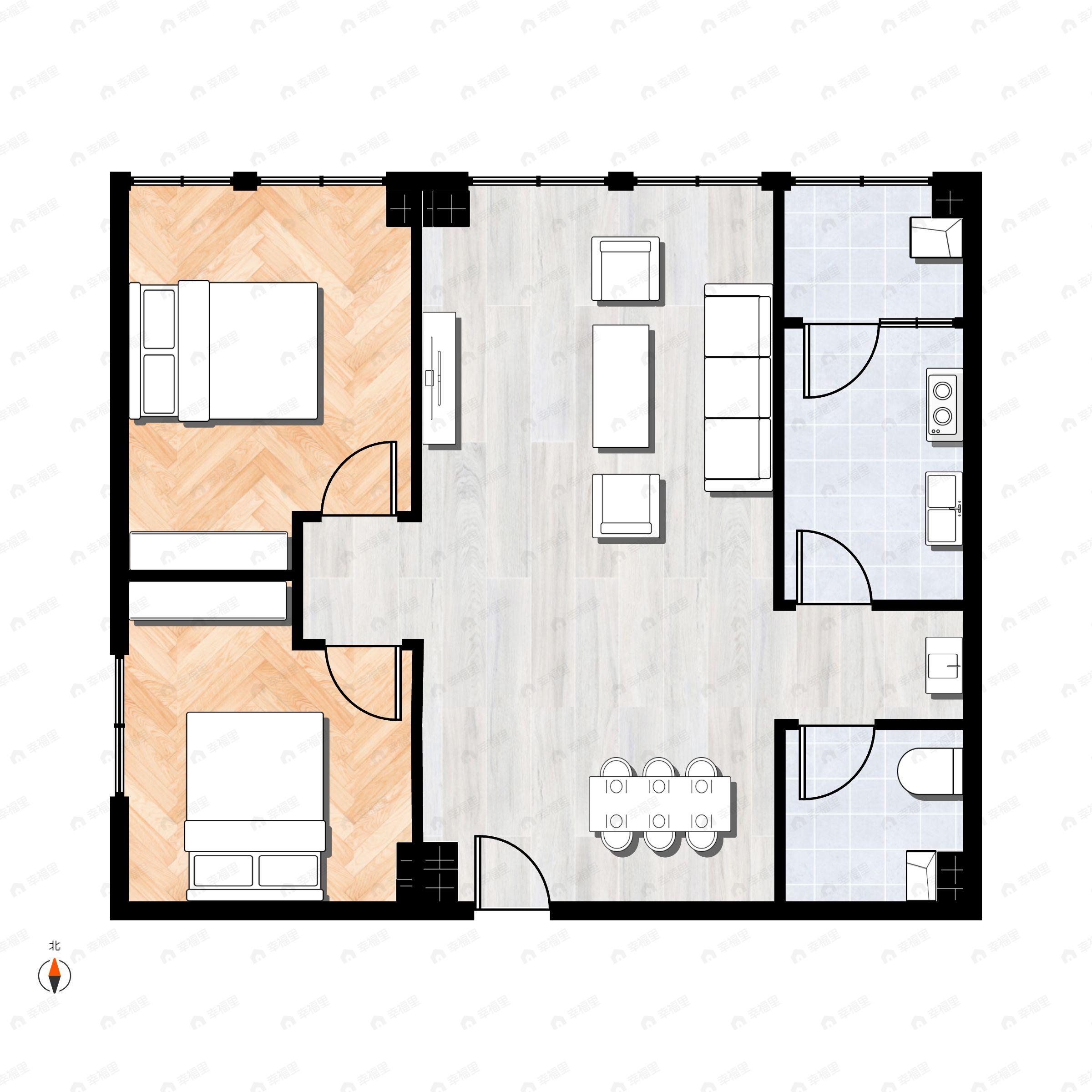 2室2厅1卫建面83m²西北|西|西南户型图