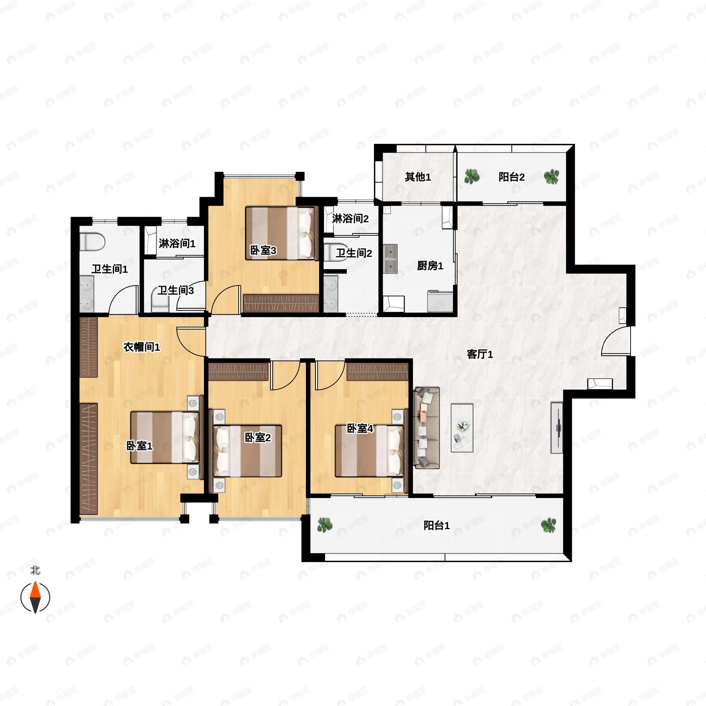 4室2厅3卫建面169平户型图