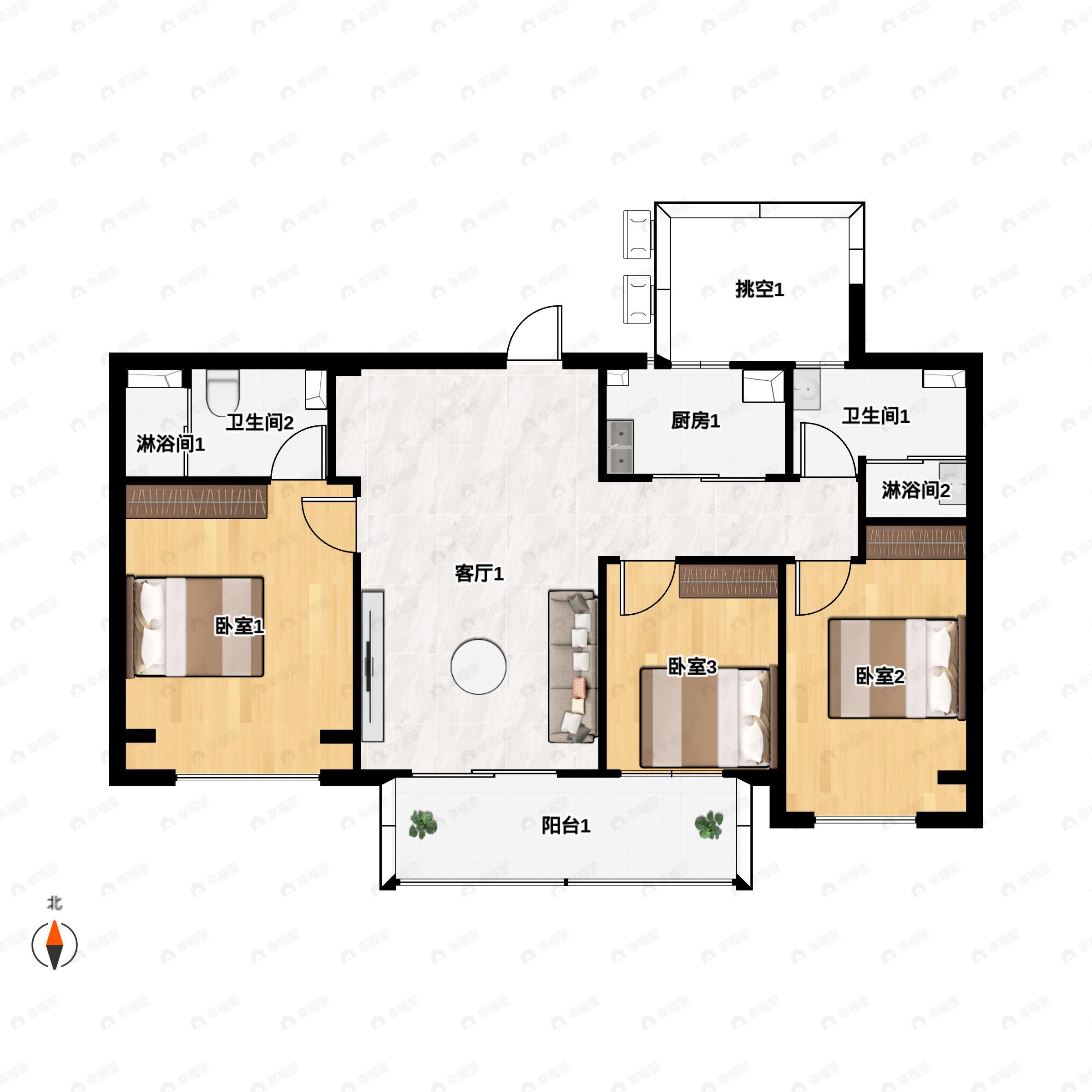 3室2厅2卫建面100m²南户型图