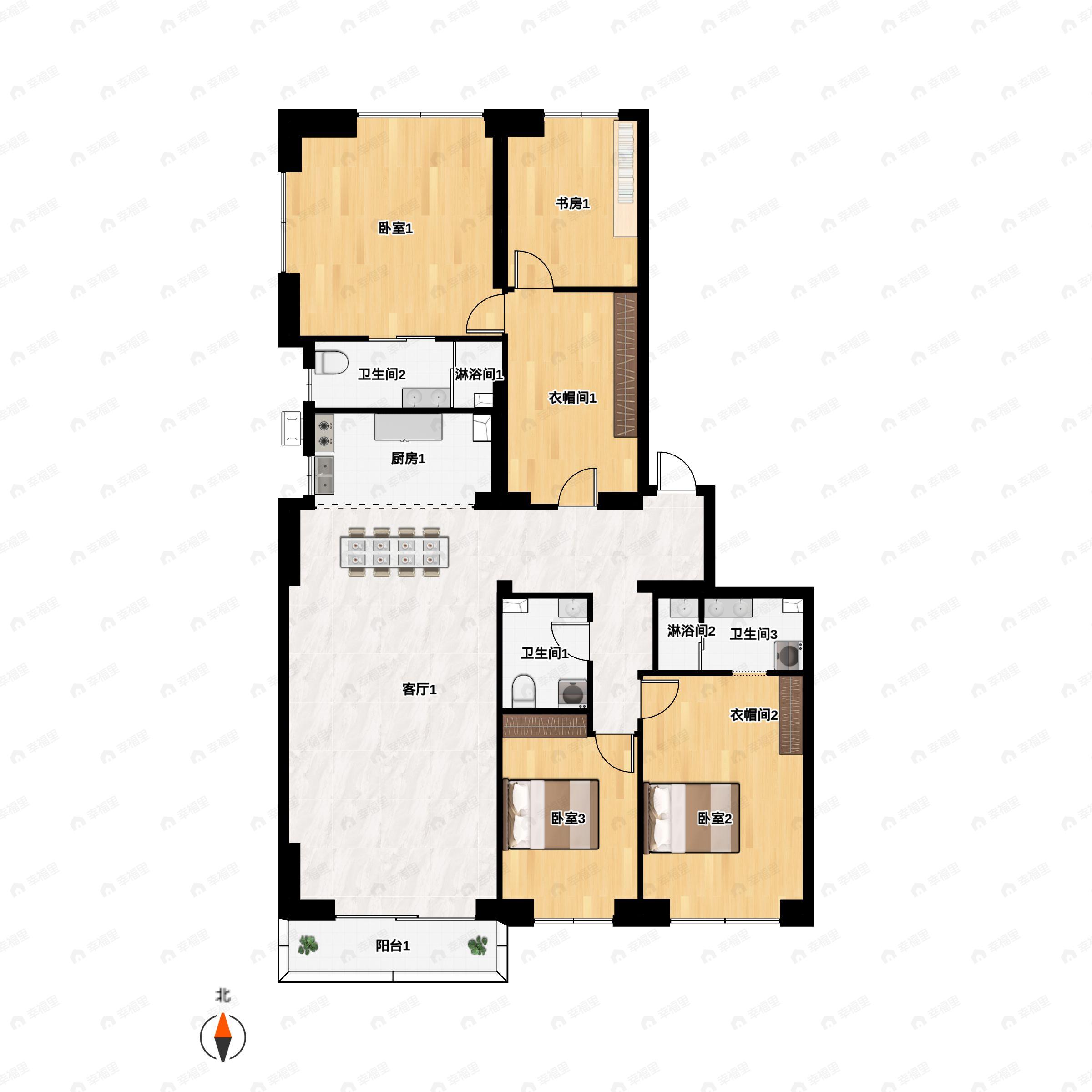 4室2厅3卫建面248平南|北户型图