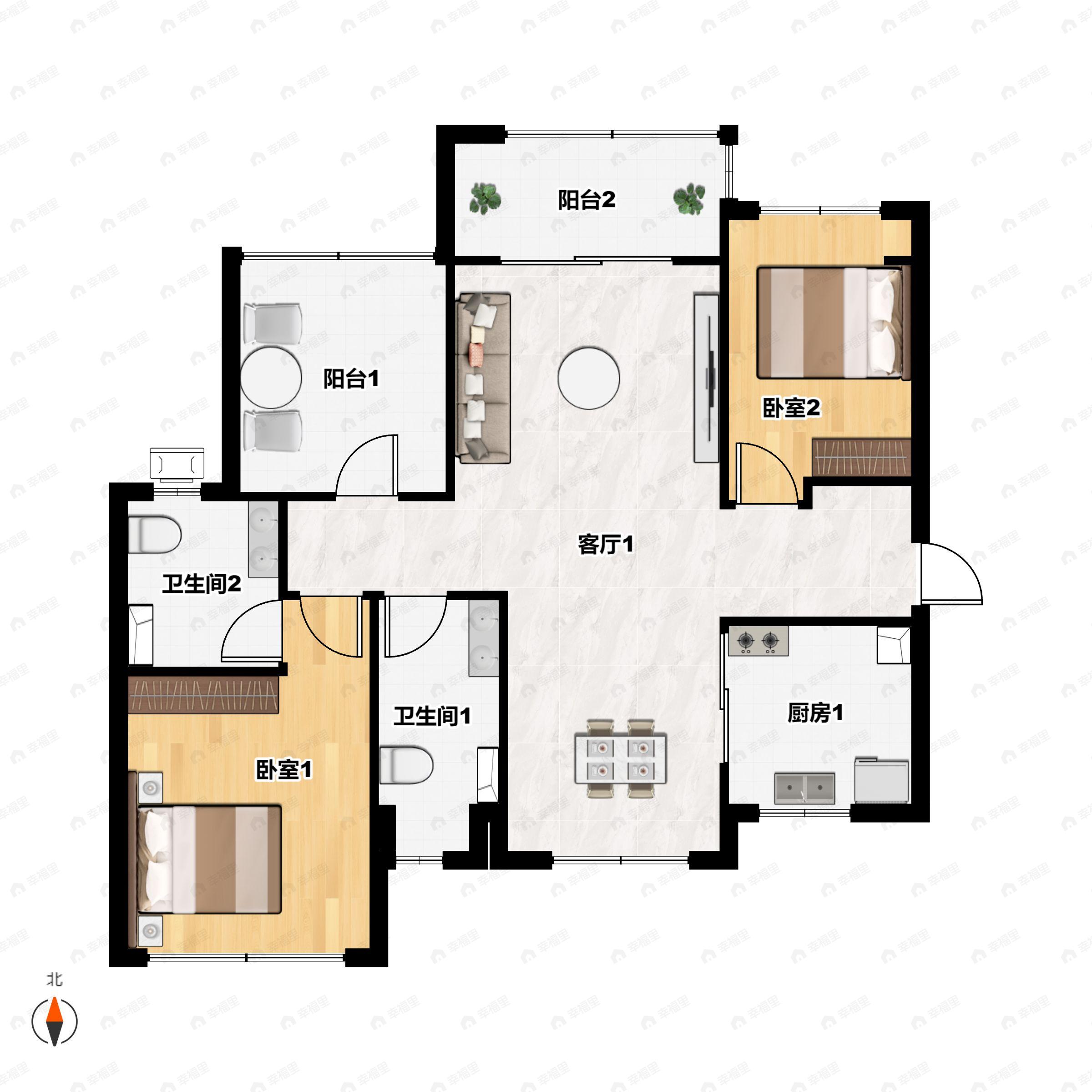 3室2厅2卫建面94m²南户型图