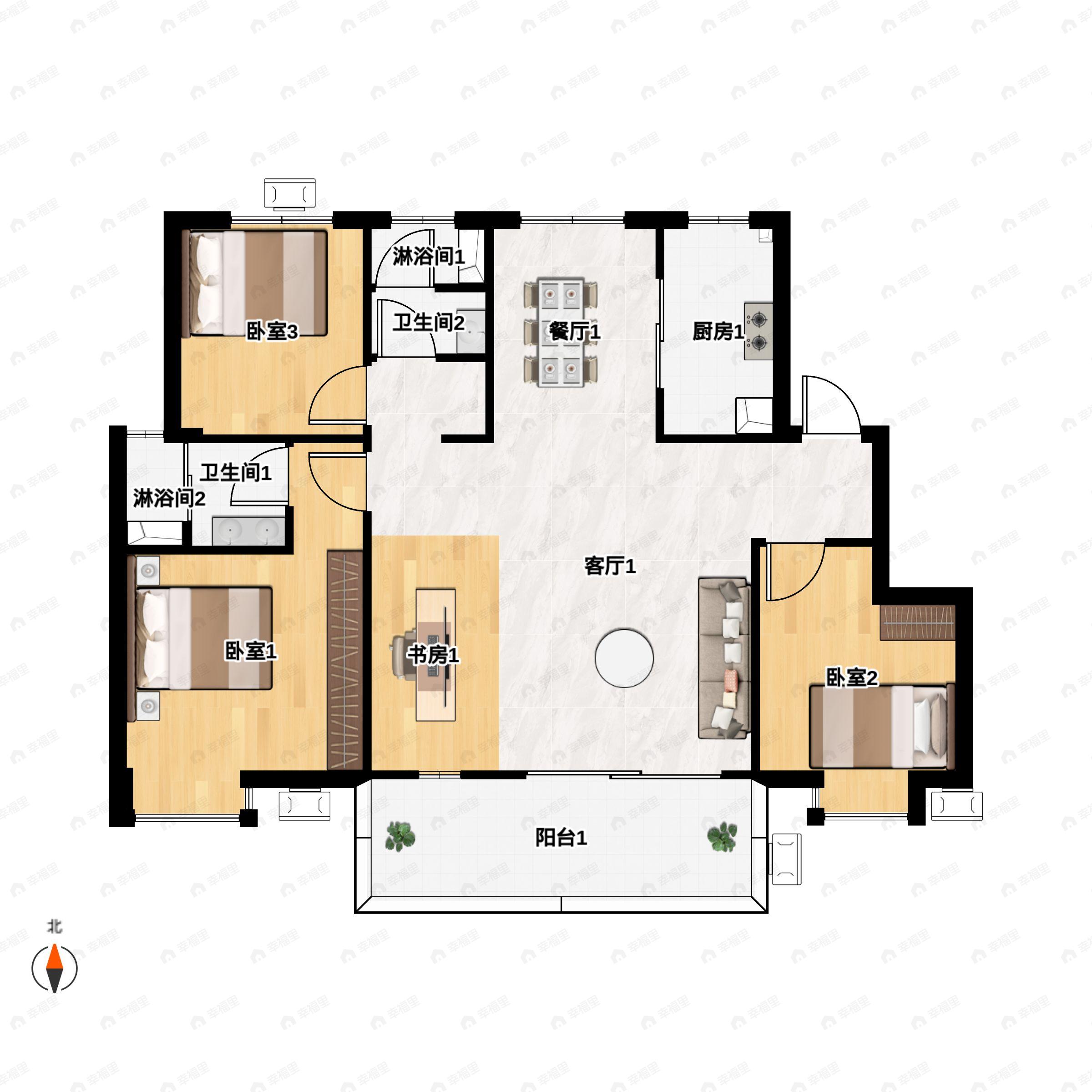 3室2厅2卫建面108平户型图