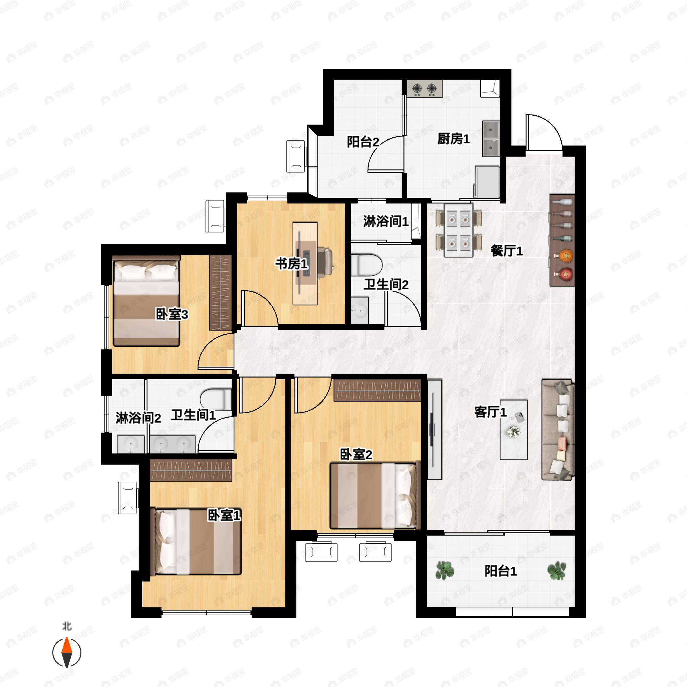 3室2厅2卫建面104平户型图