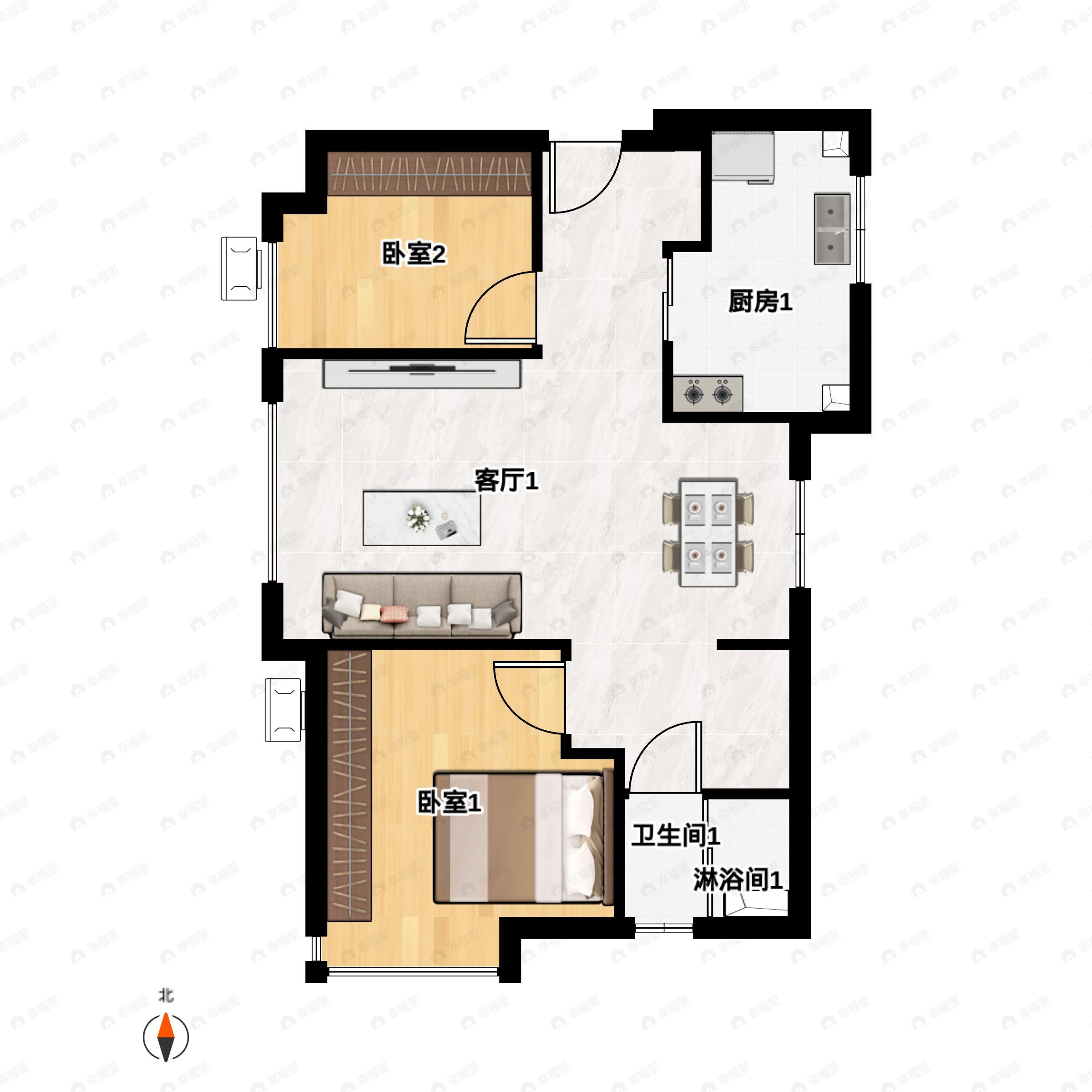 2室2厅1卫建面68m²西|南|东户型图