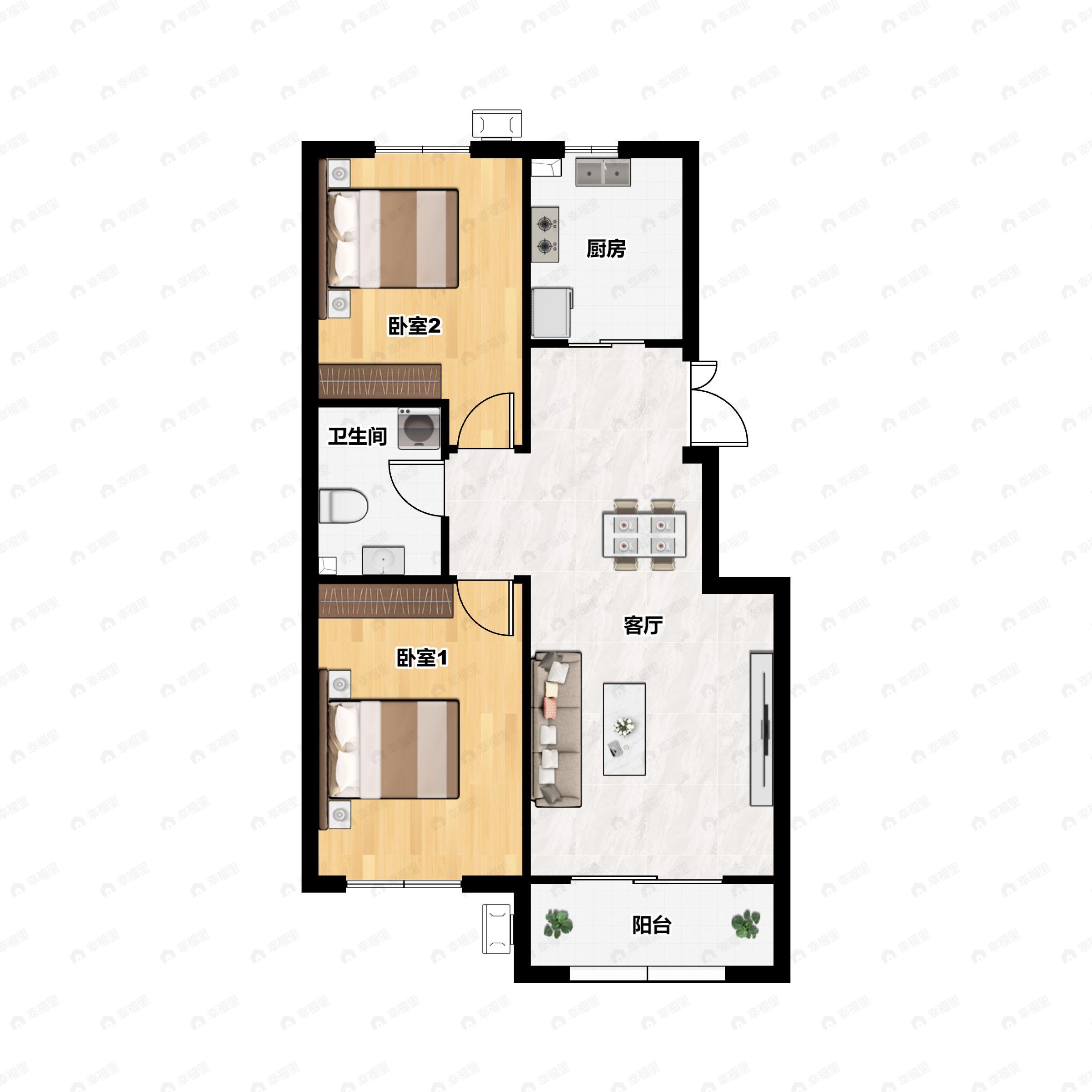 2室2厅1卫建面89m²南户型图