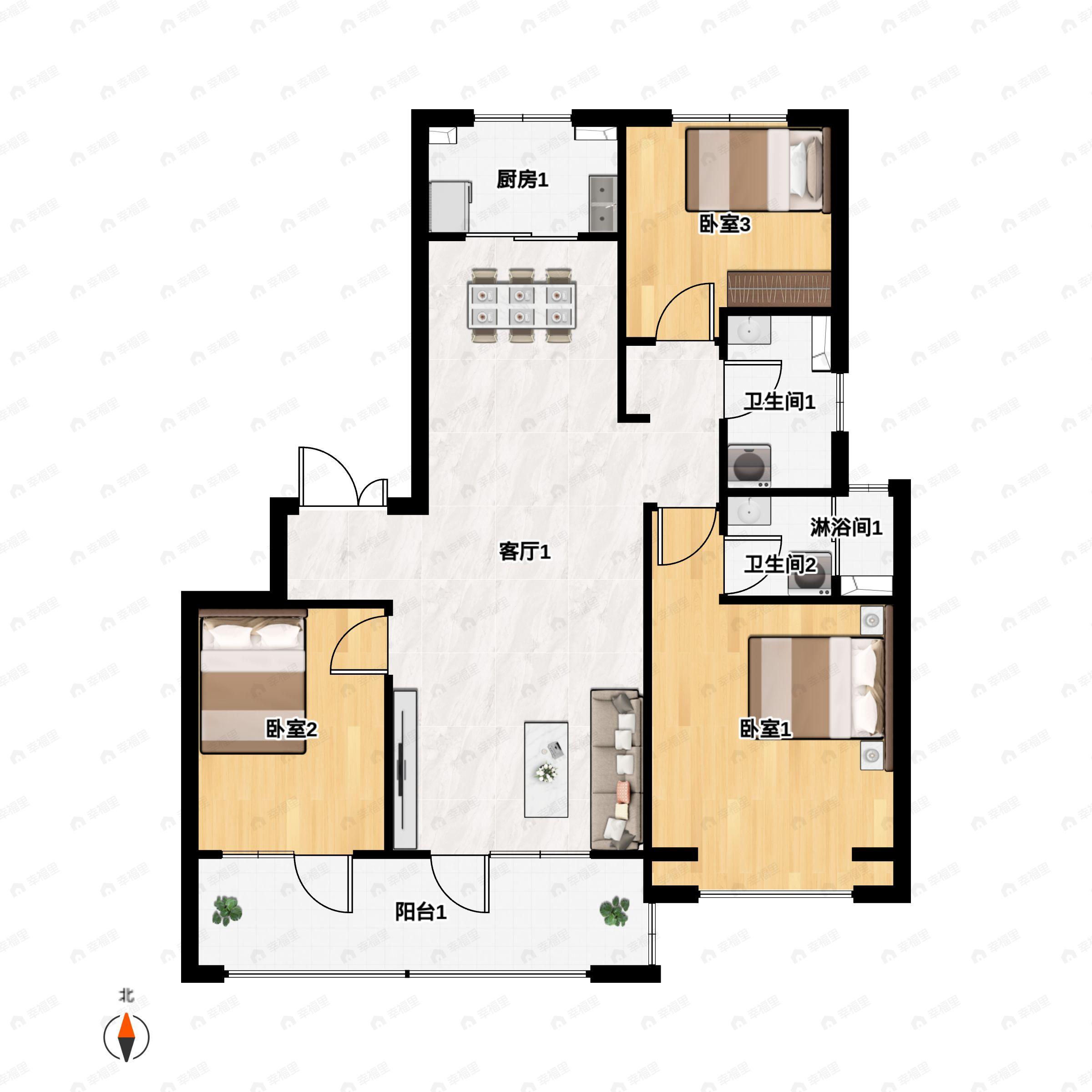 3室2厅2卫建面134m²南|北户型图
