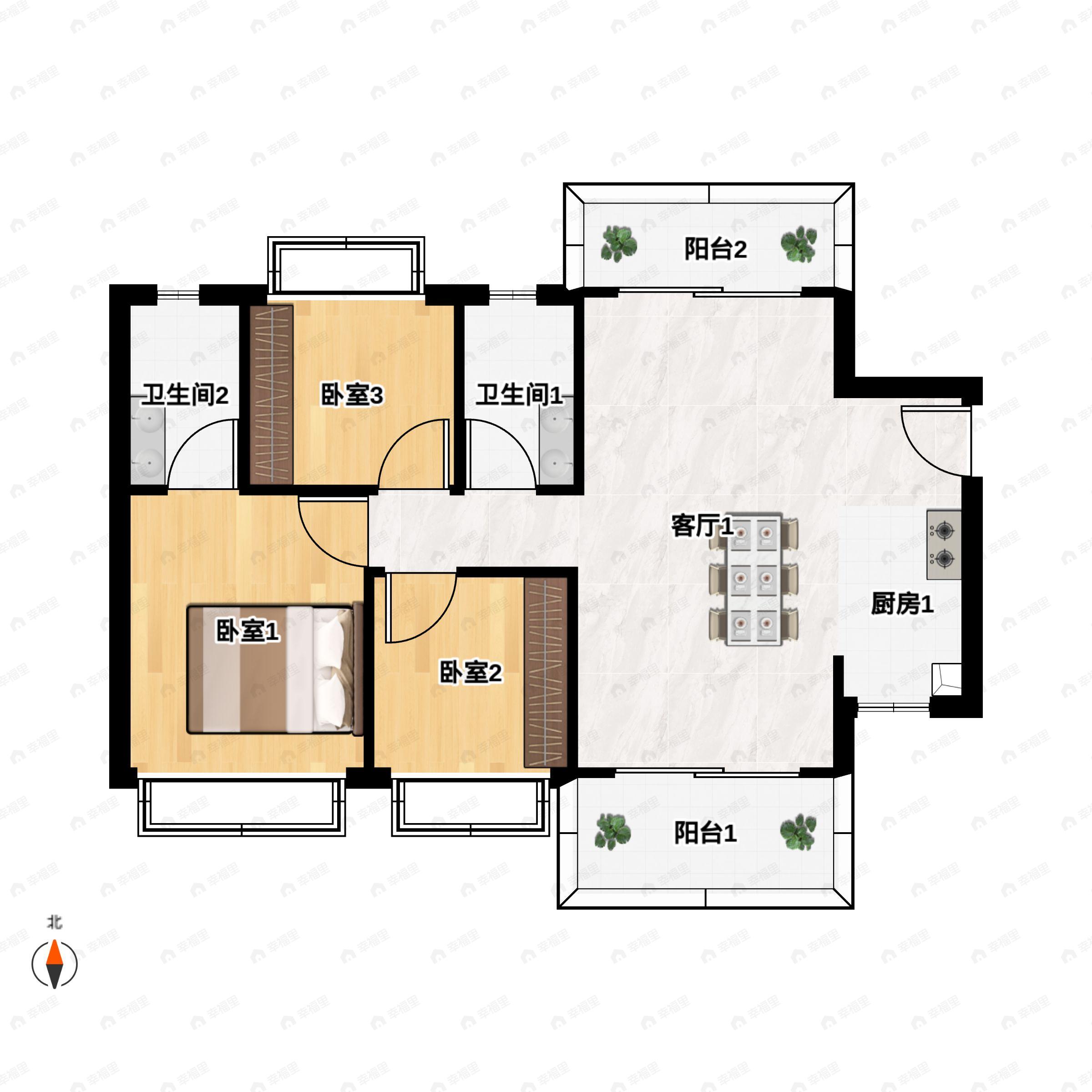 3室2厅2卫建面89m²南|北户型图