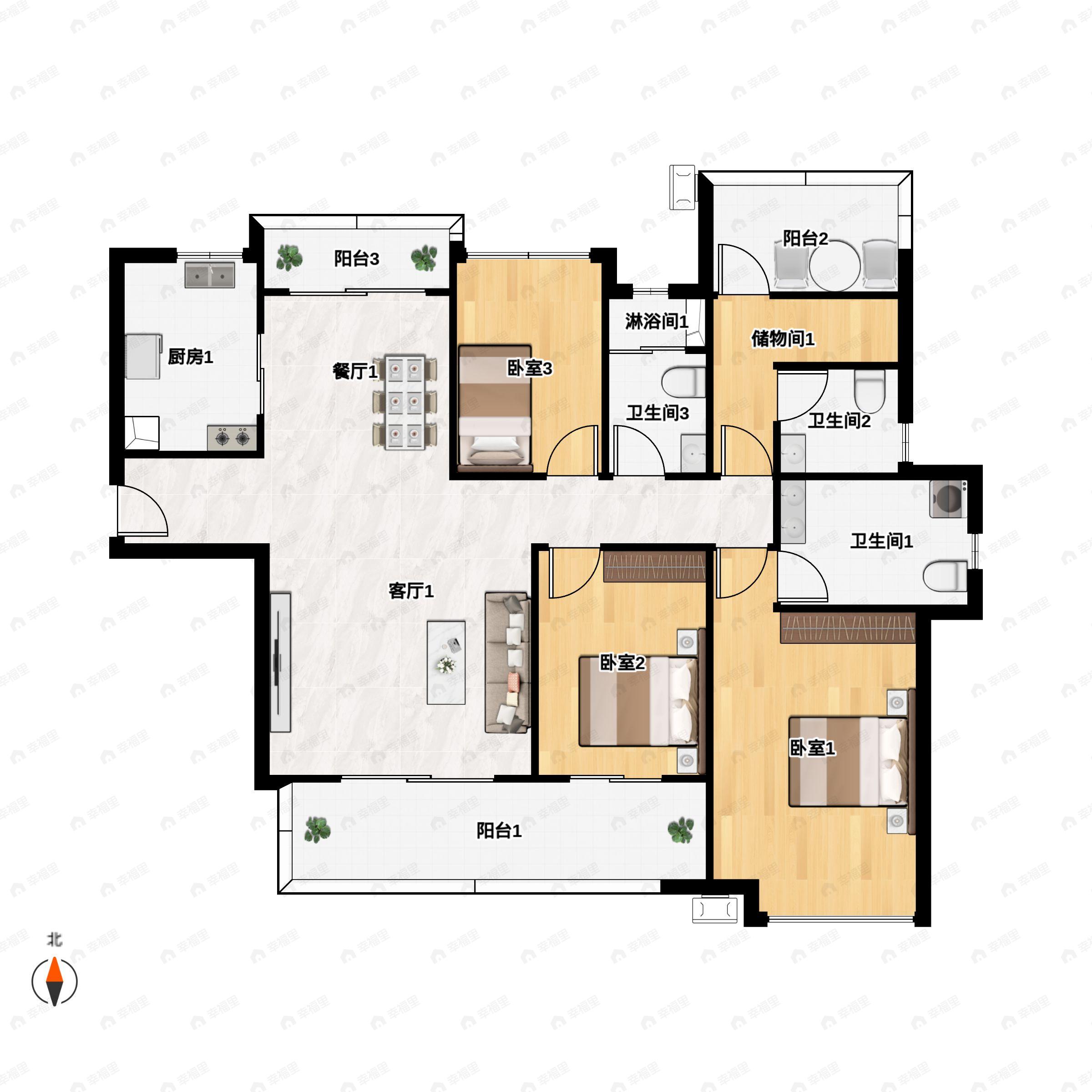 4室2厅3卫建面166平南户型图