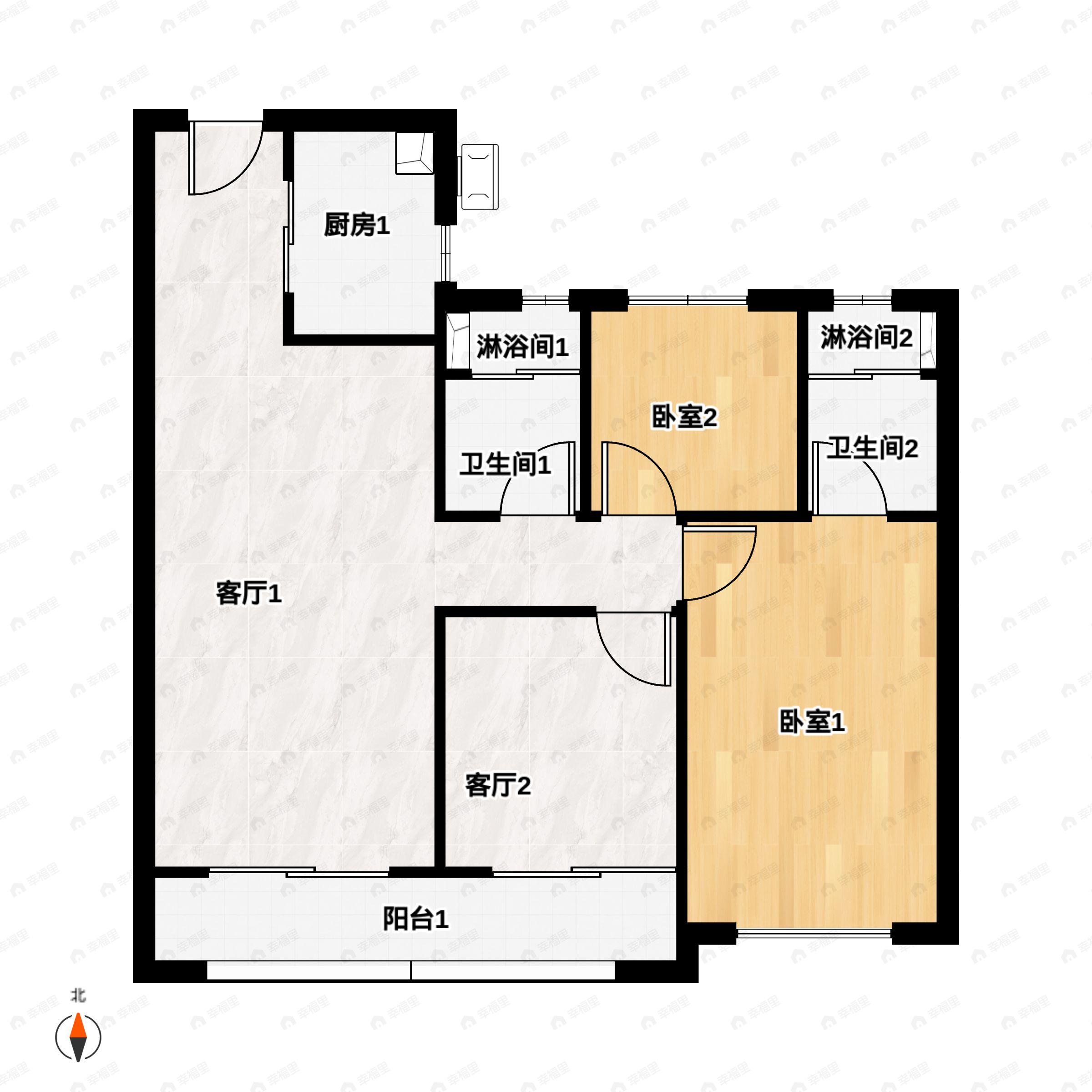 3室2厅2卫建面107m²南|北户型图