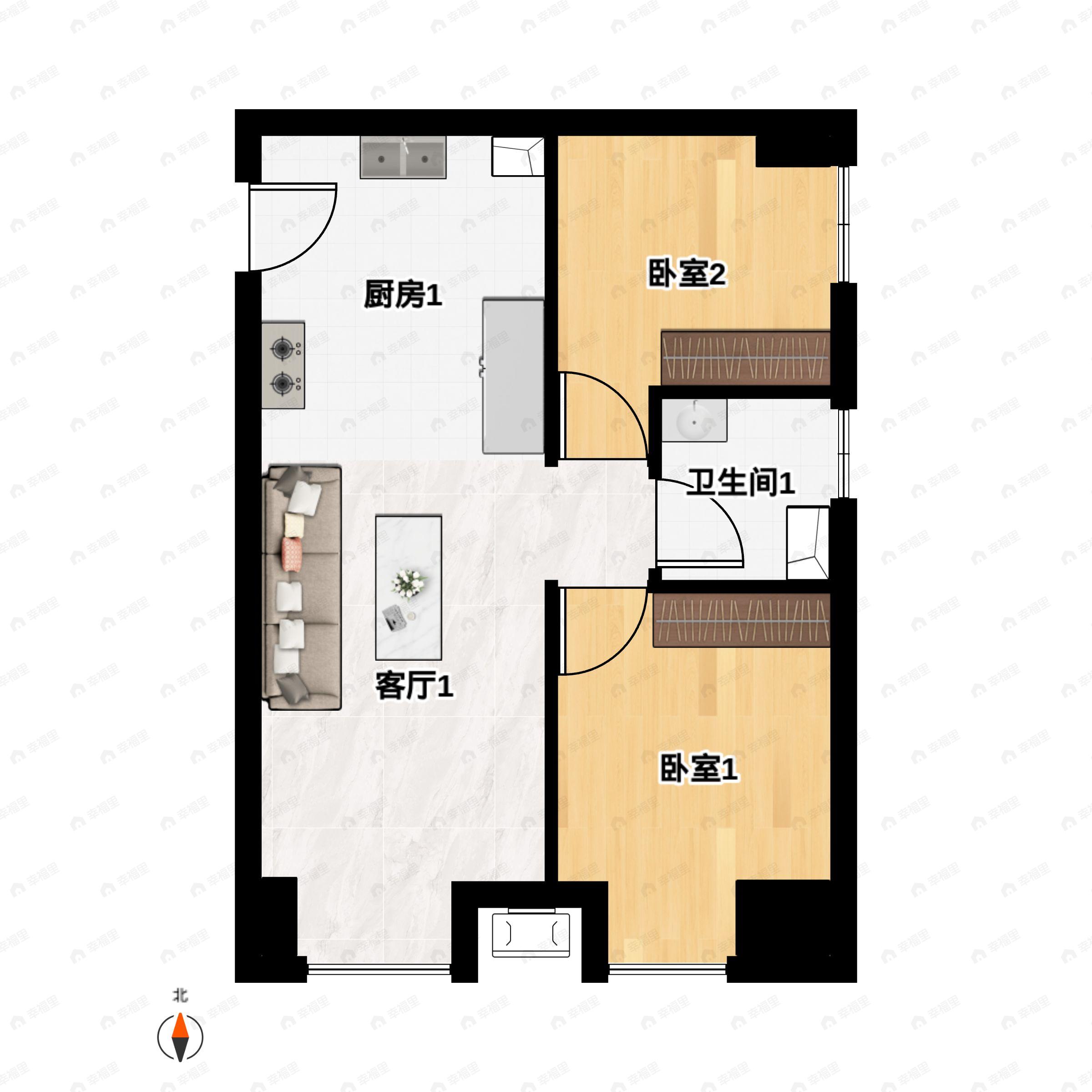 2室1厅1卫建面67平南户型图