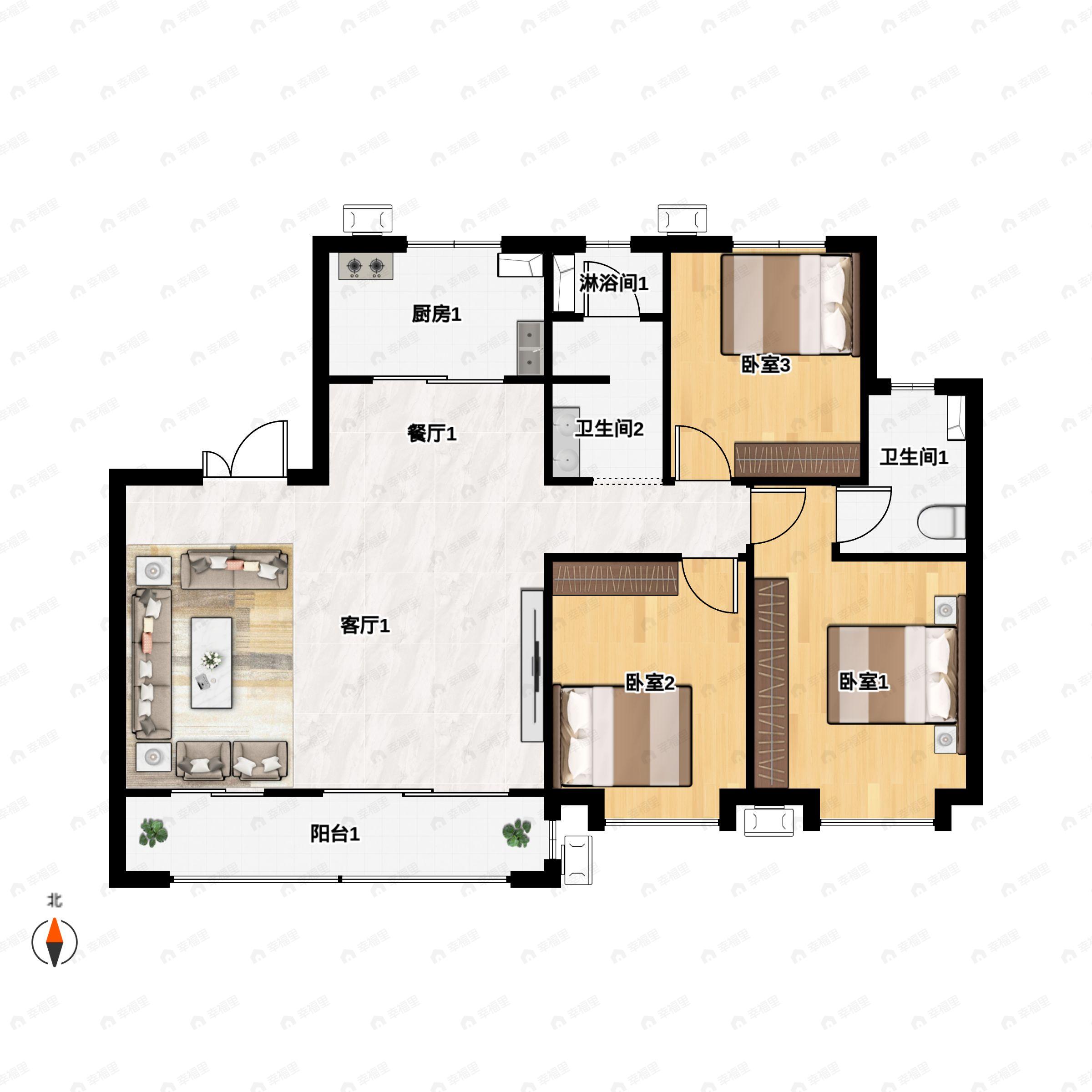 3室2厅2卫建面139平北|南户型图