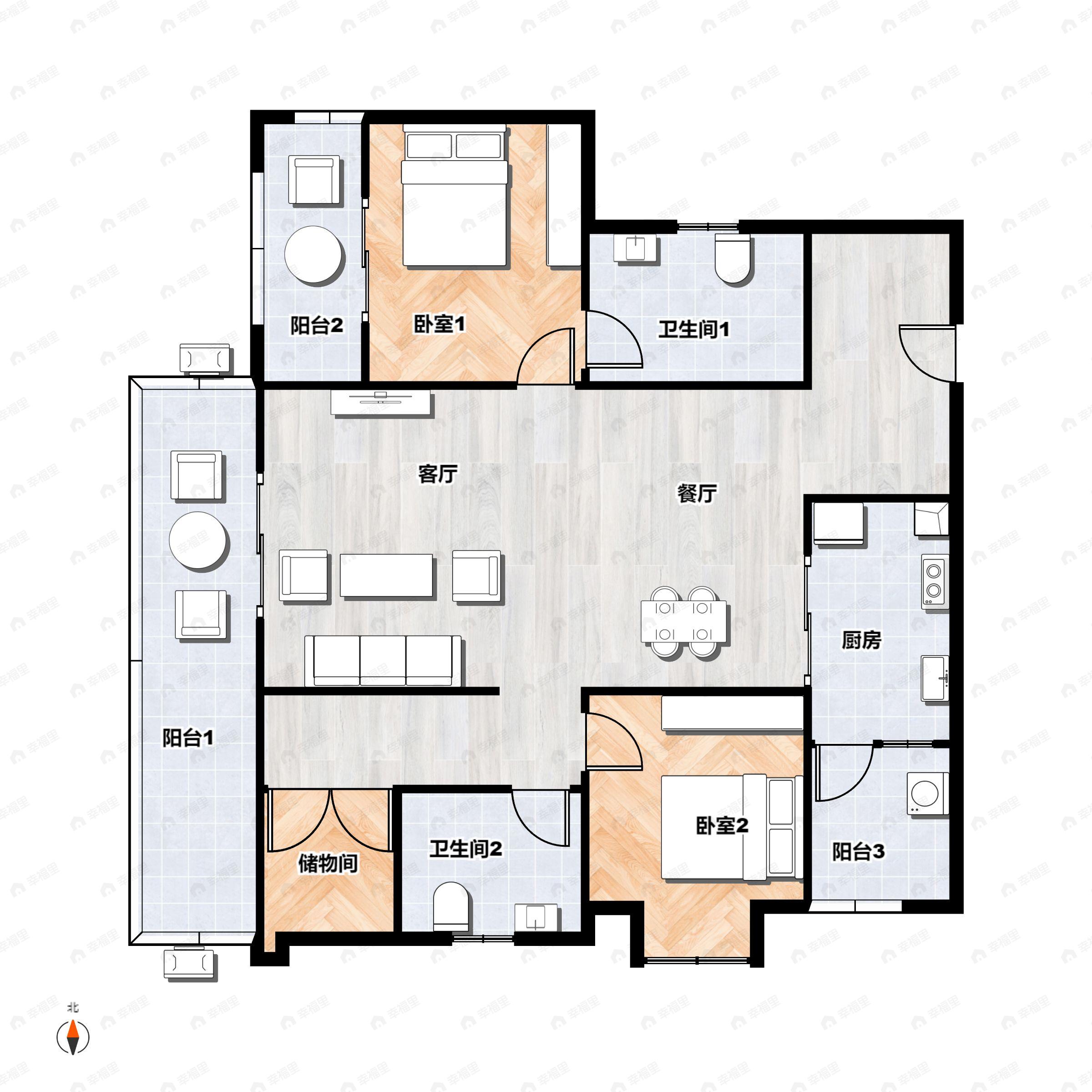2室2厅2卫建面100m²东|西|南|北户型图