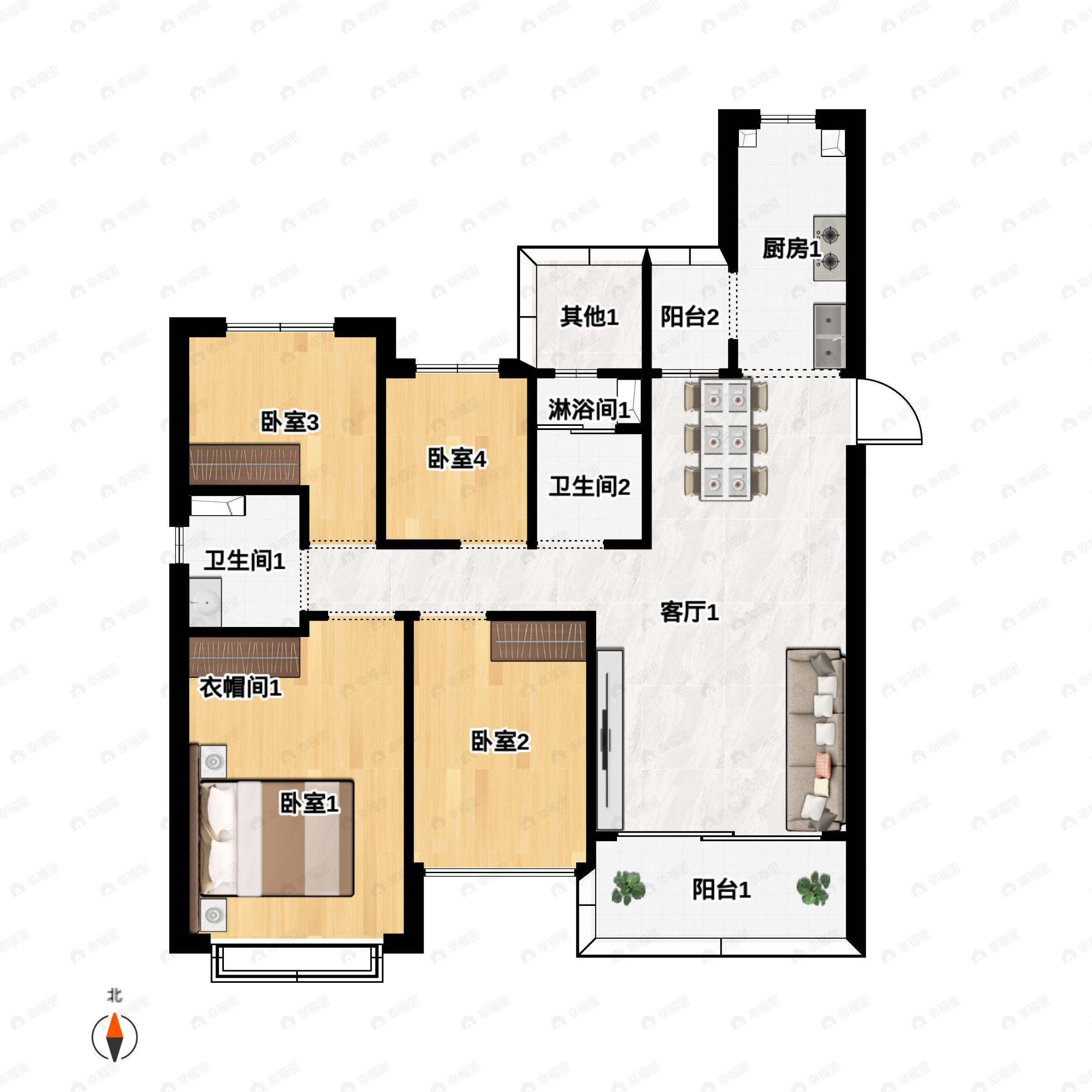4室2厅2卫建面135平南户型图