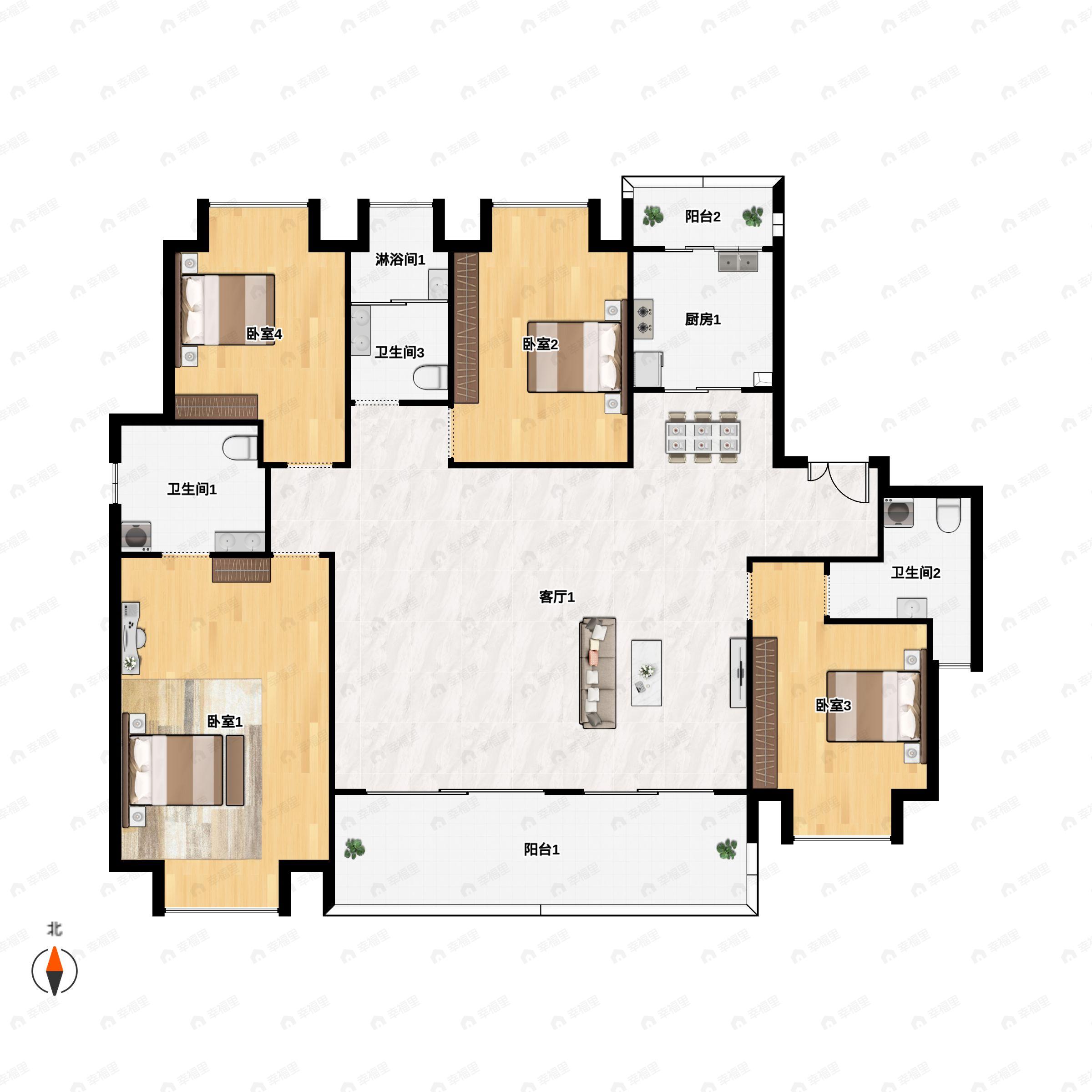 4室2厅3卫建面181m²西北|北户型图