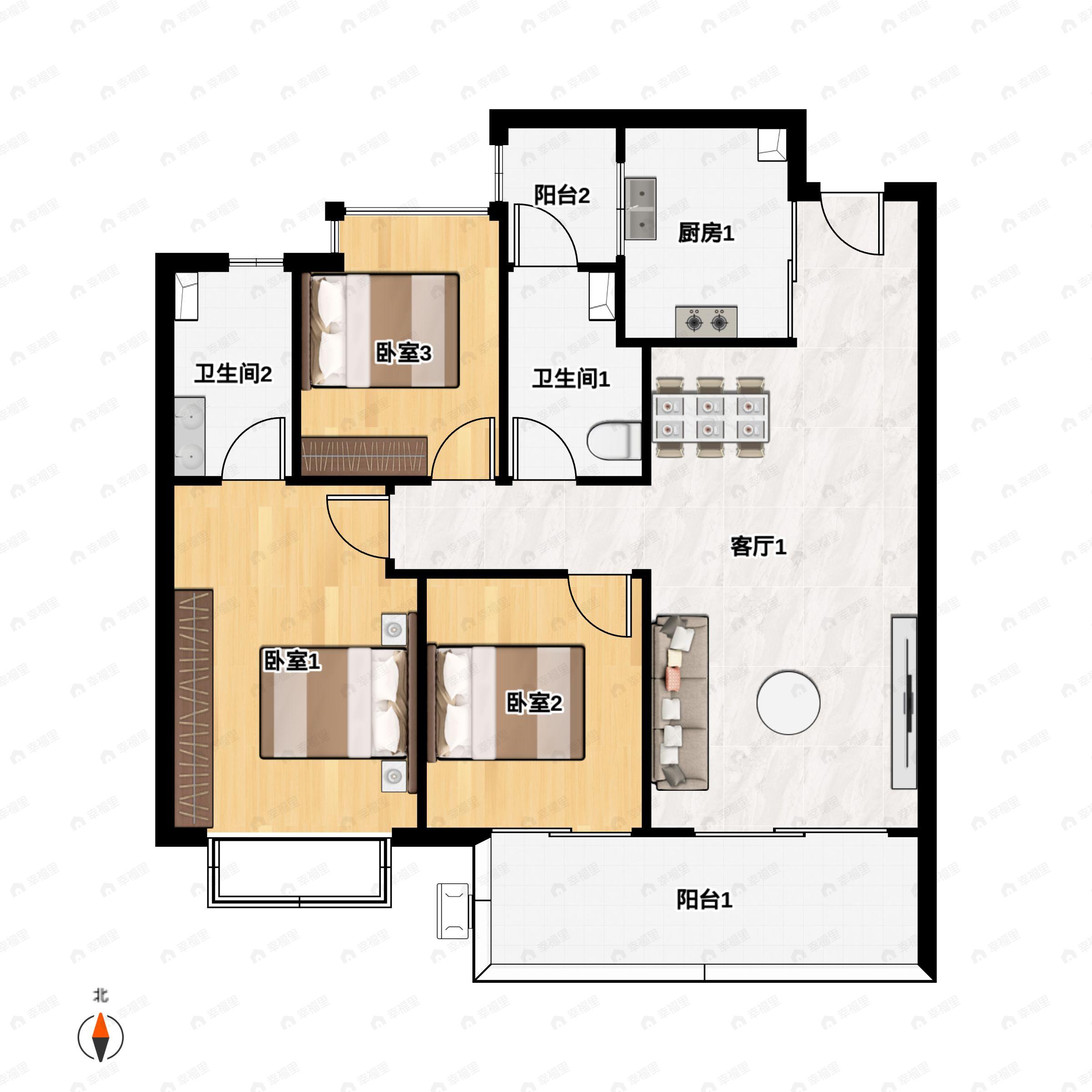 3室2厅2卫建面115m²南|北户型图