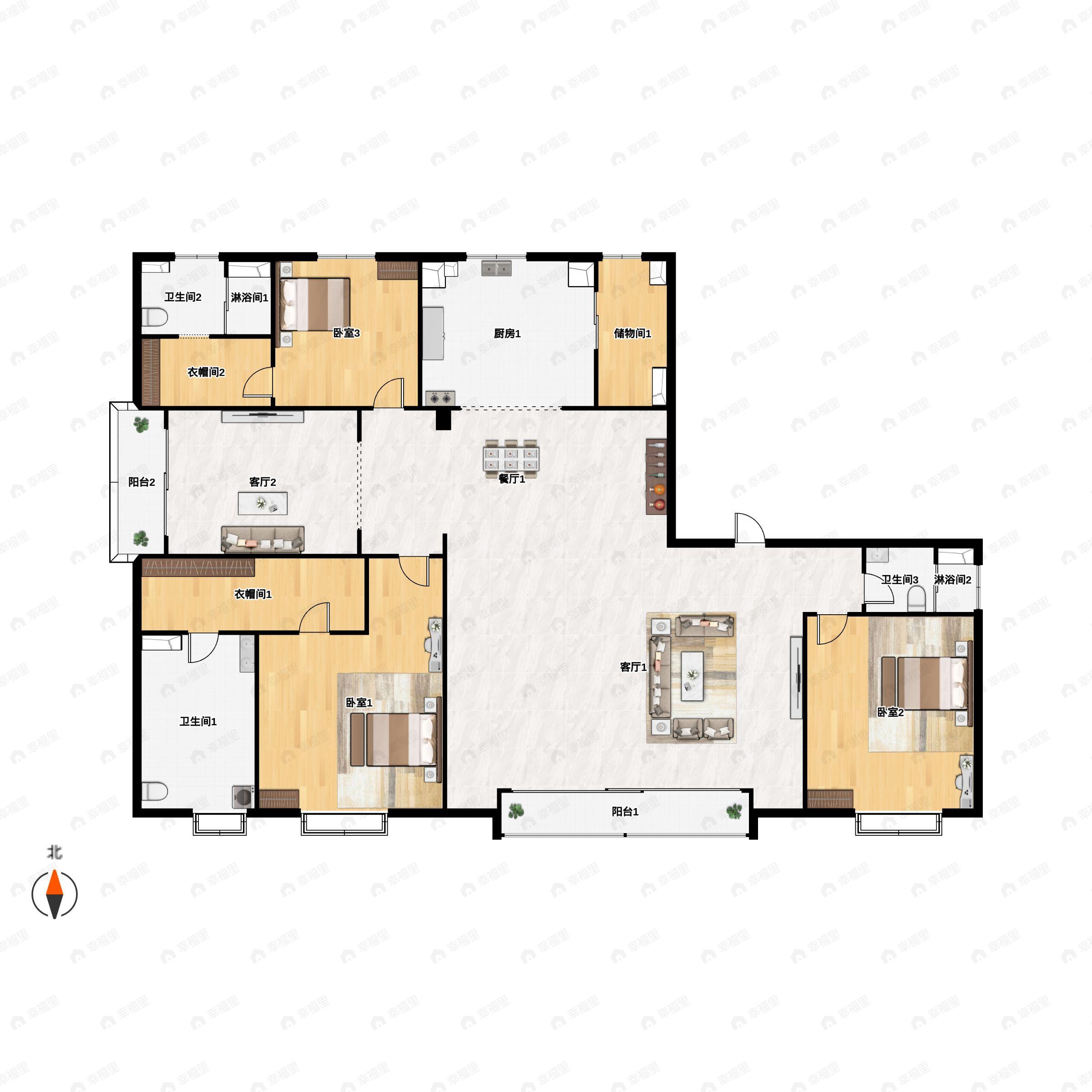 3室3厅3卫建面298m²北|南户型图