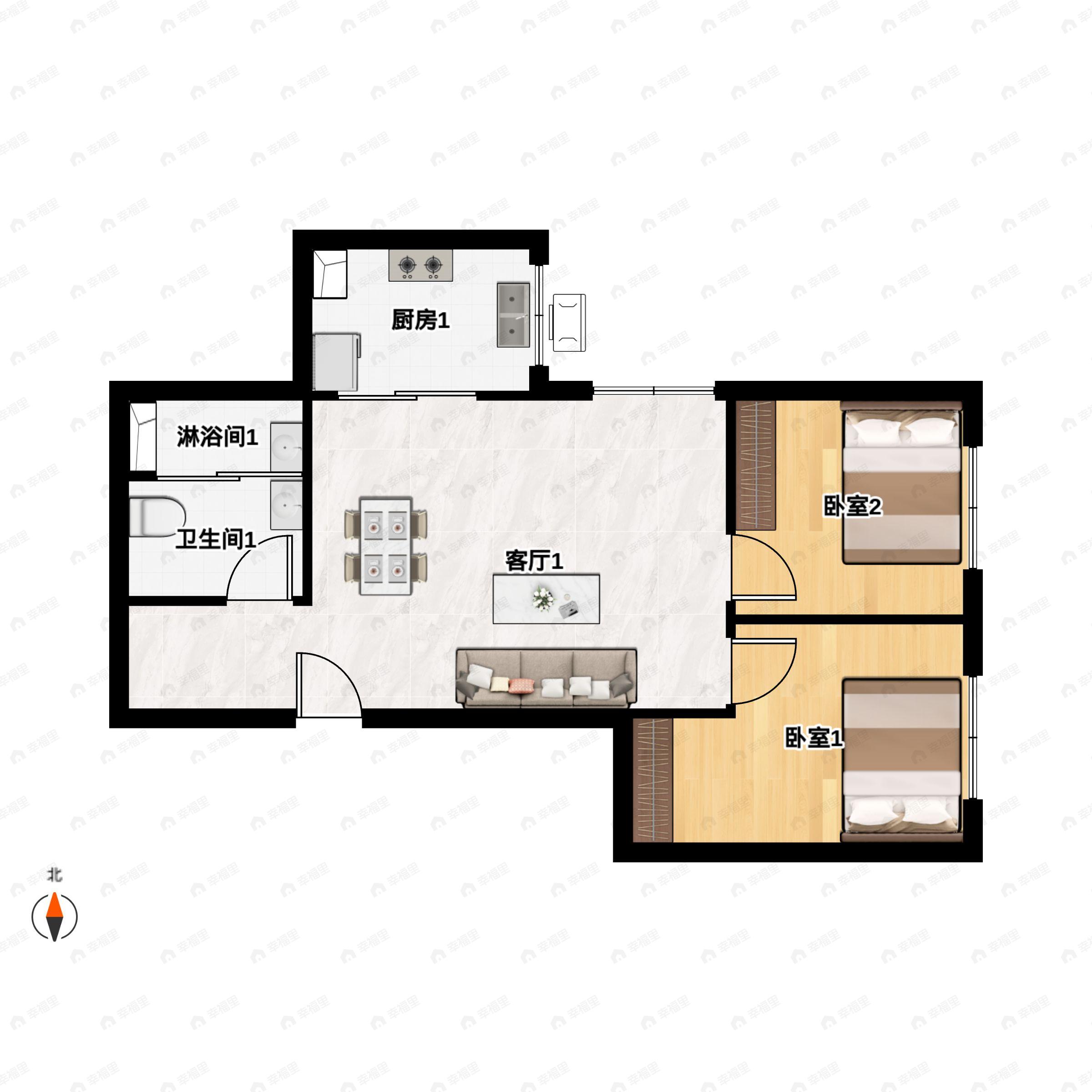 2室2厅1卫建面65m²东户型图