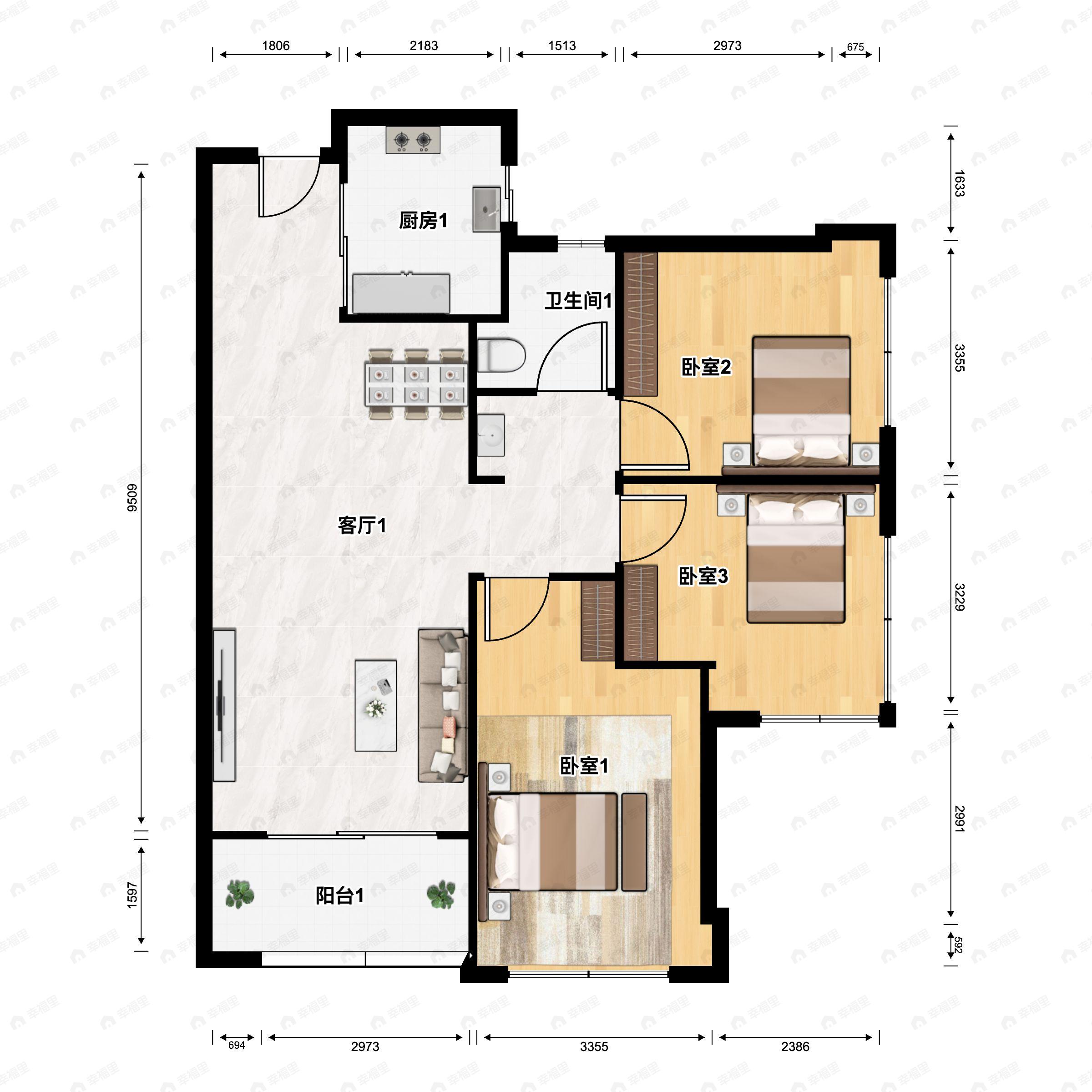3室2厅1卫建面78平户型图