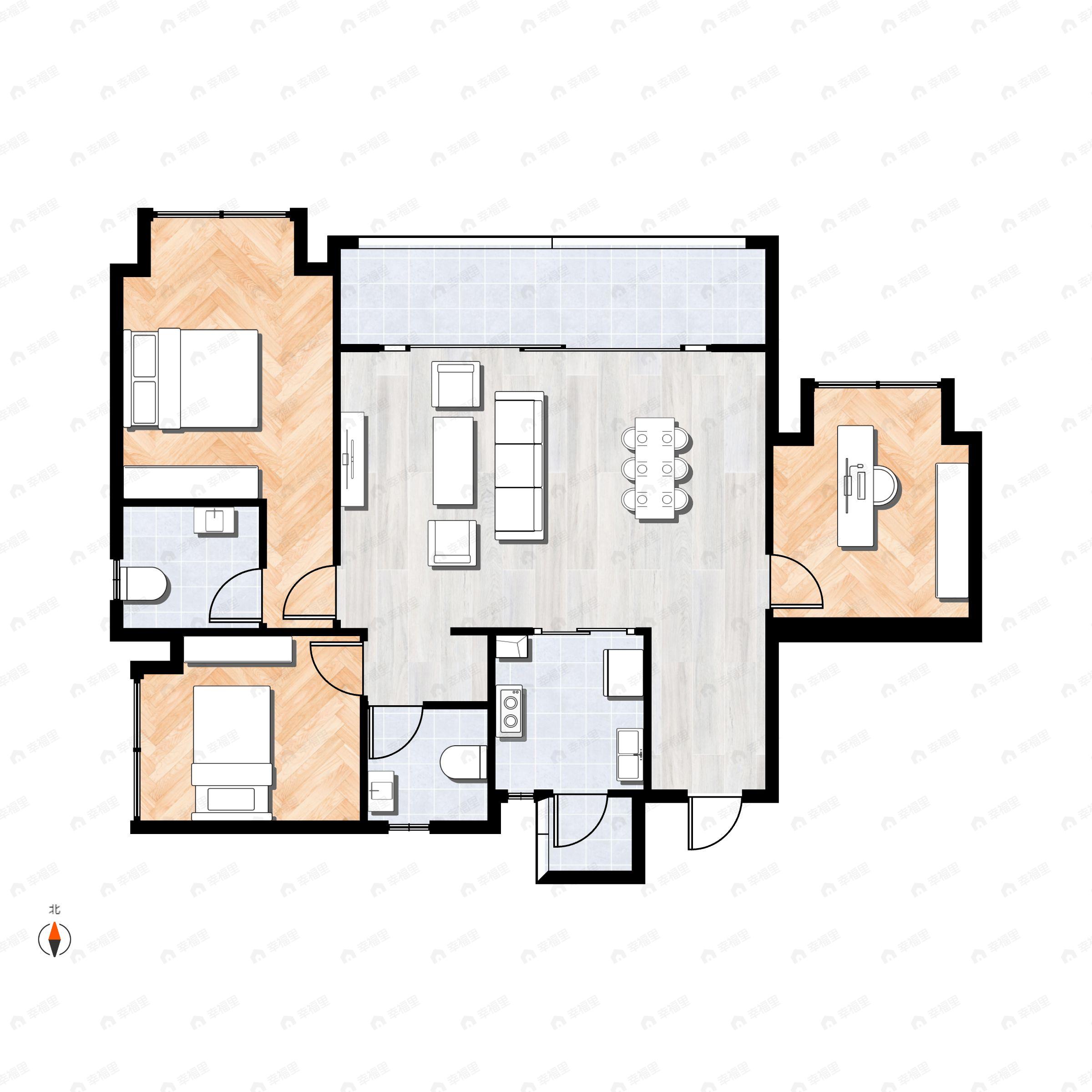 3室2厅2卫建面99m²南|北户型图