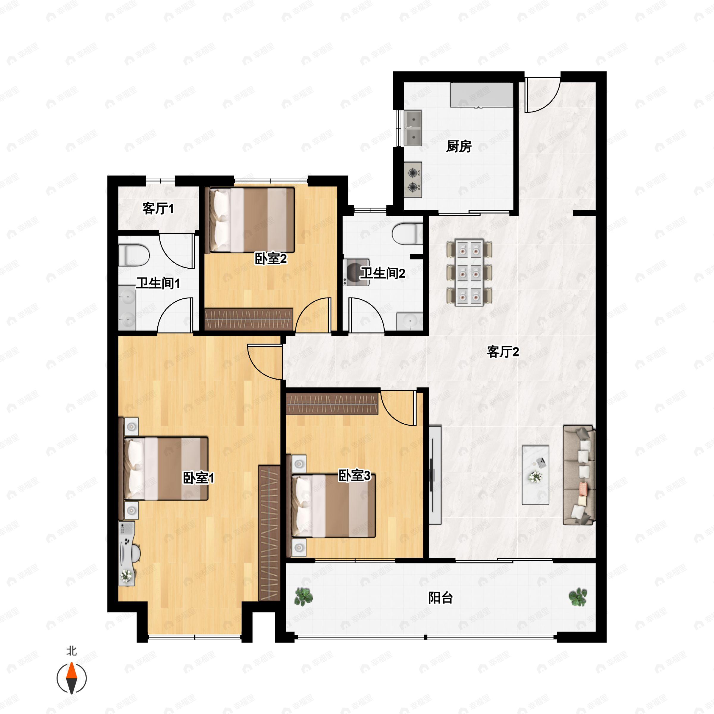 3室2厅2卫建面137平户型图