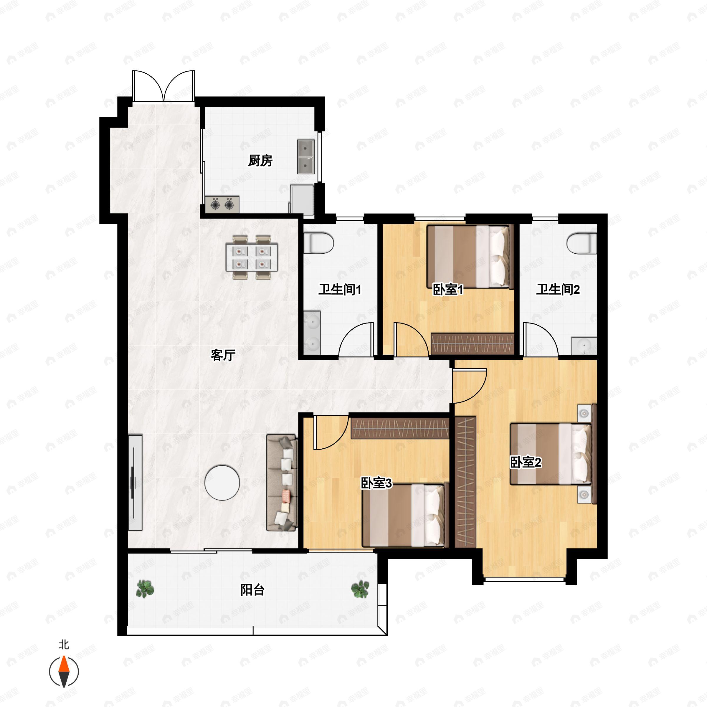 3室2厅2卫建面119平南|北户型图