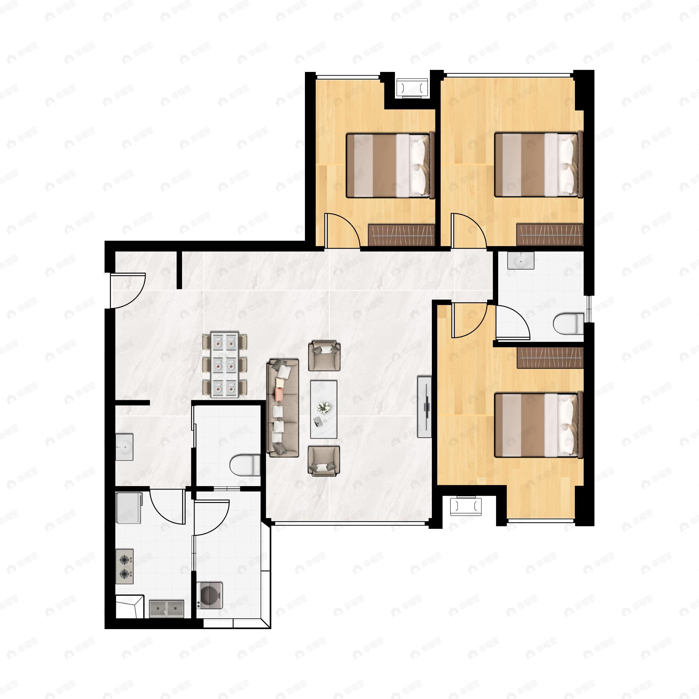 3室2厅2卫建面93平西北|东南户型图
