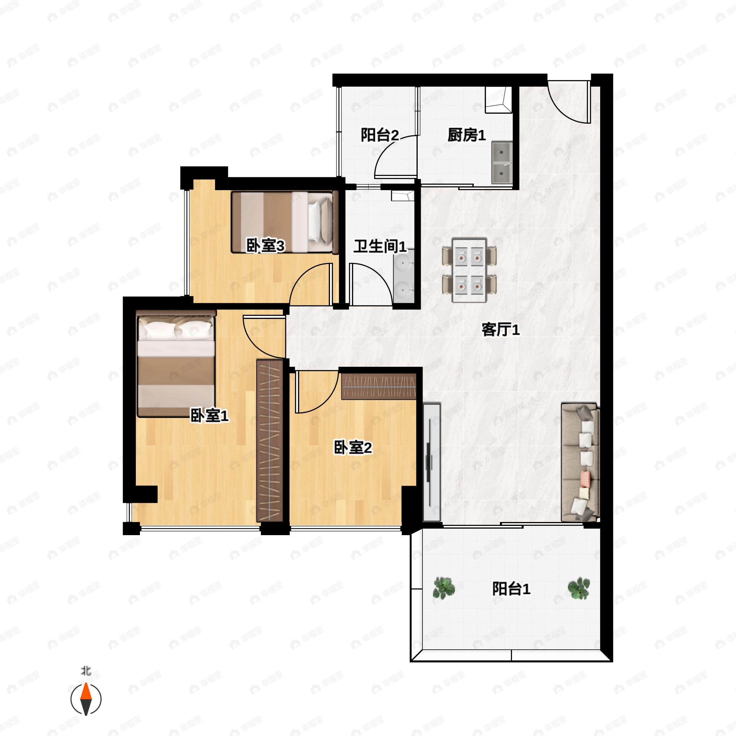 3室2厅1卫建面82平户型图