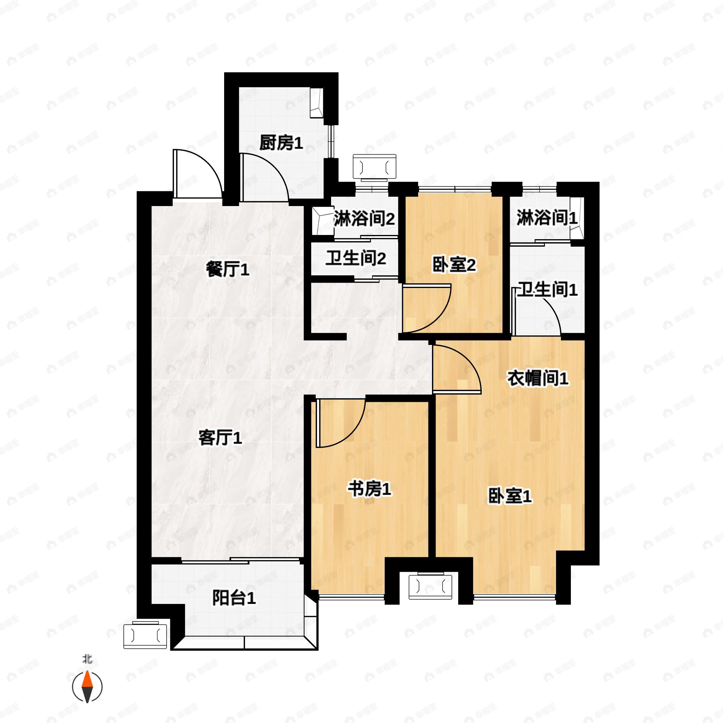 3室2厅2卫建面99m²南户型图