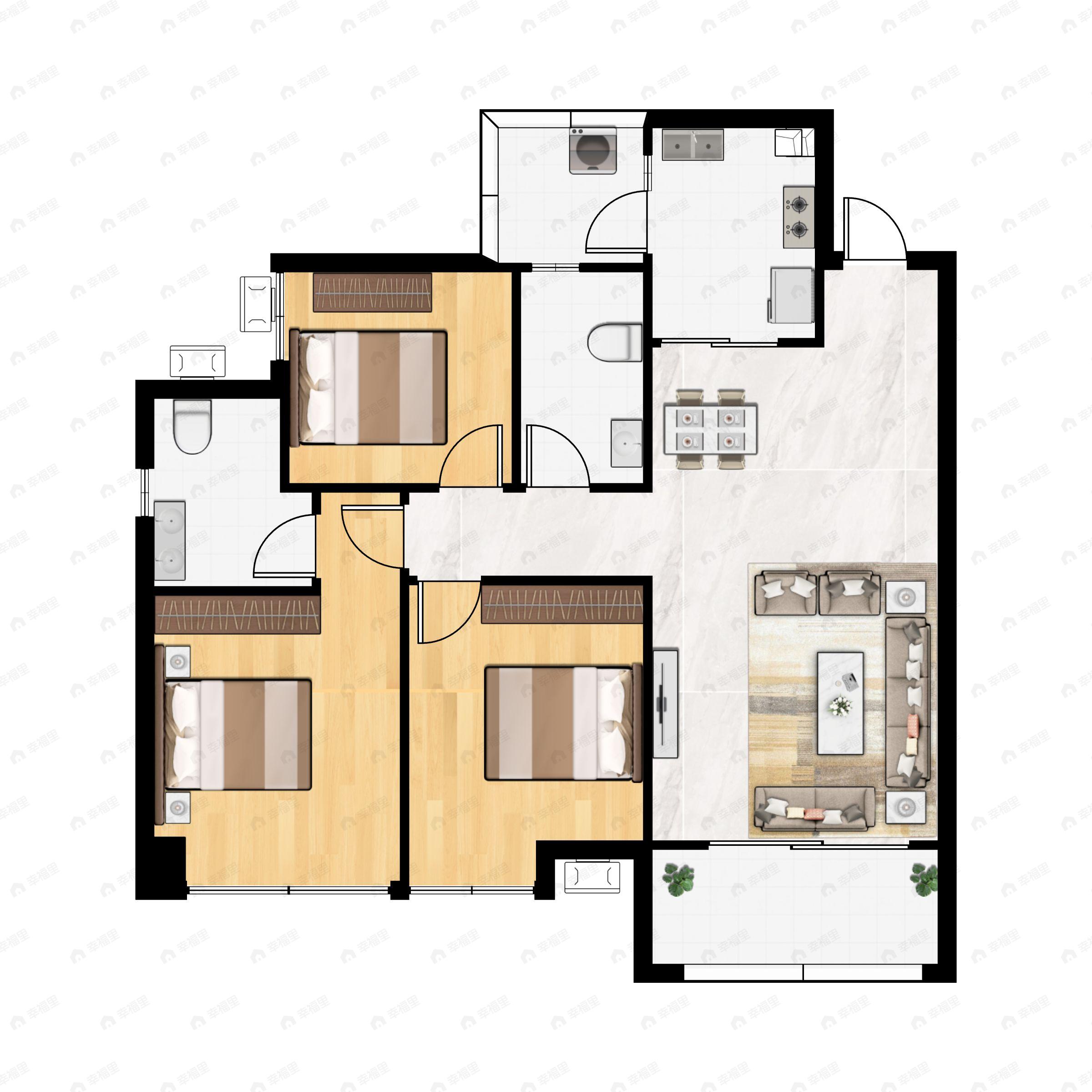 3室2厅2卫建面107平户型图