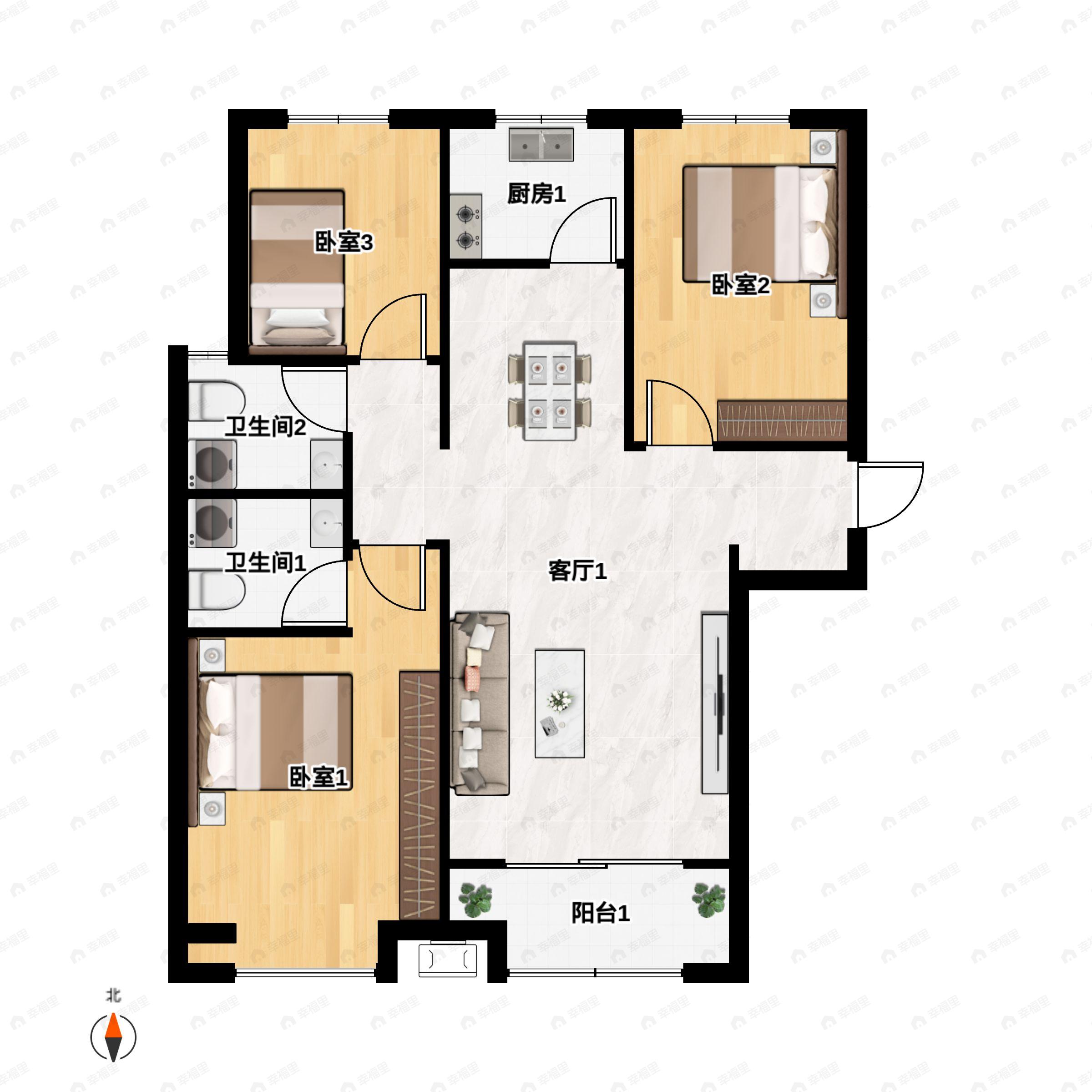 3室2厅2卫建面118平户型图
