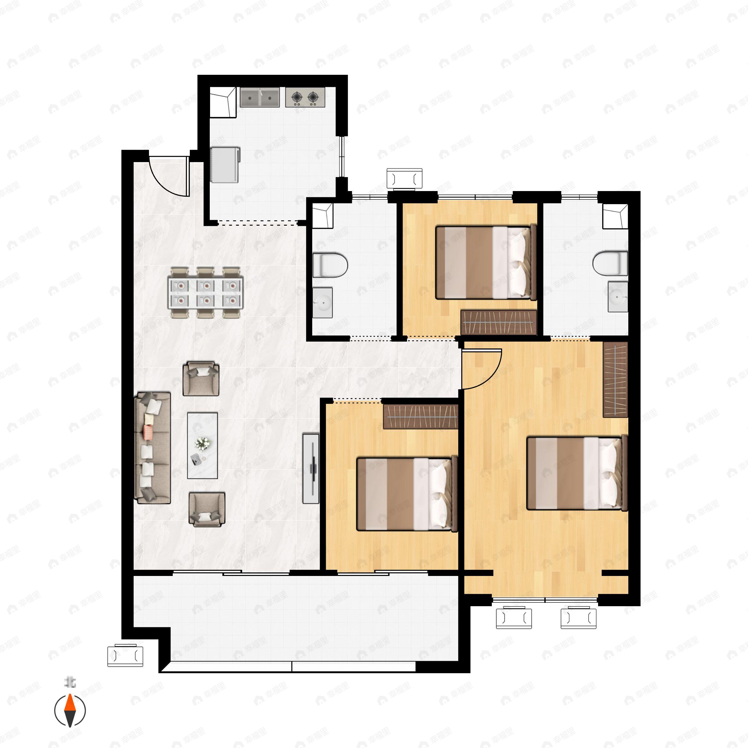 3室2厅2卫建面108m²南户型图