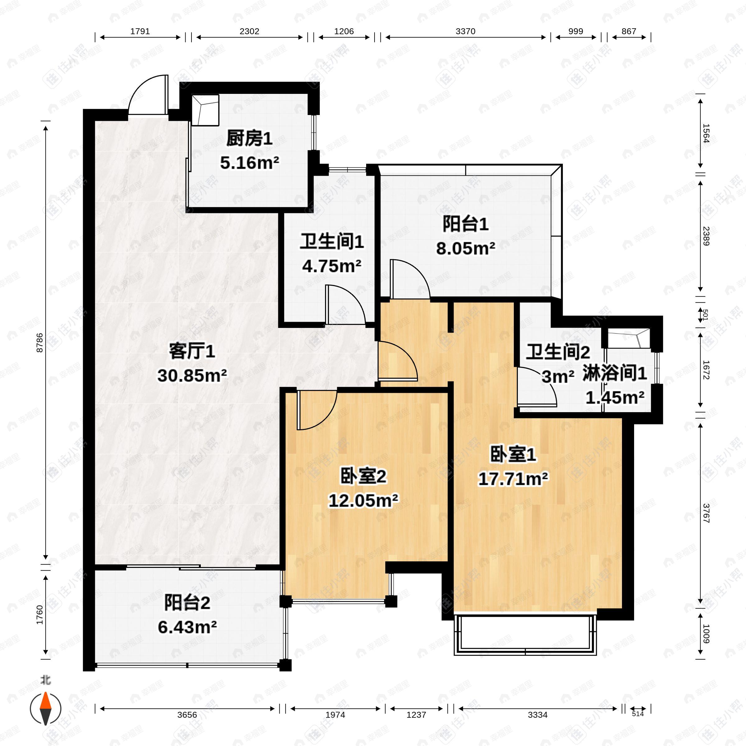 3室2厅2卫建面98平户型图