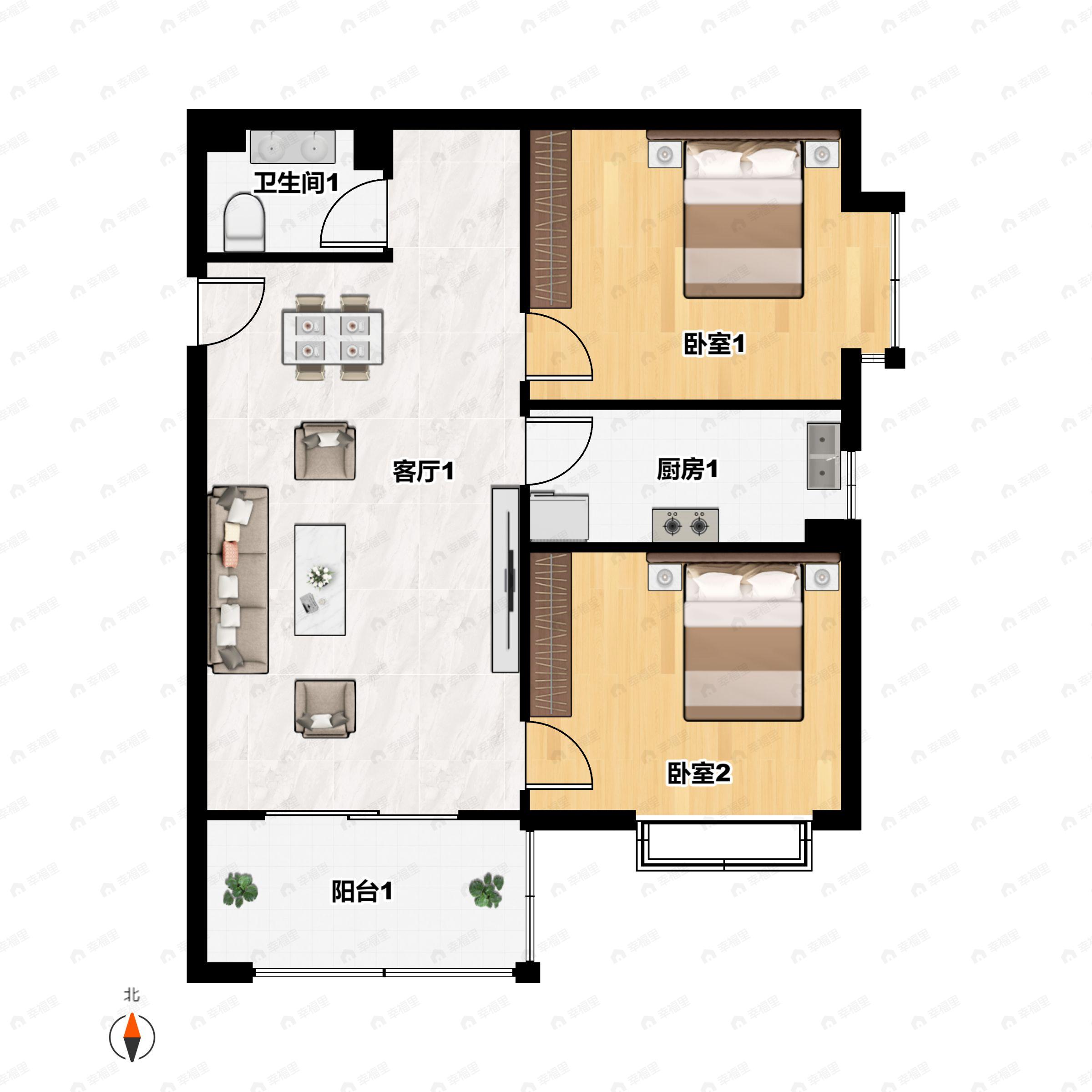 2室2厅1卫建面85m²南户型图