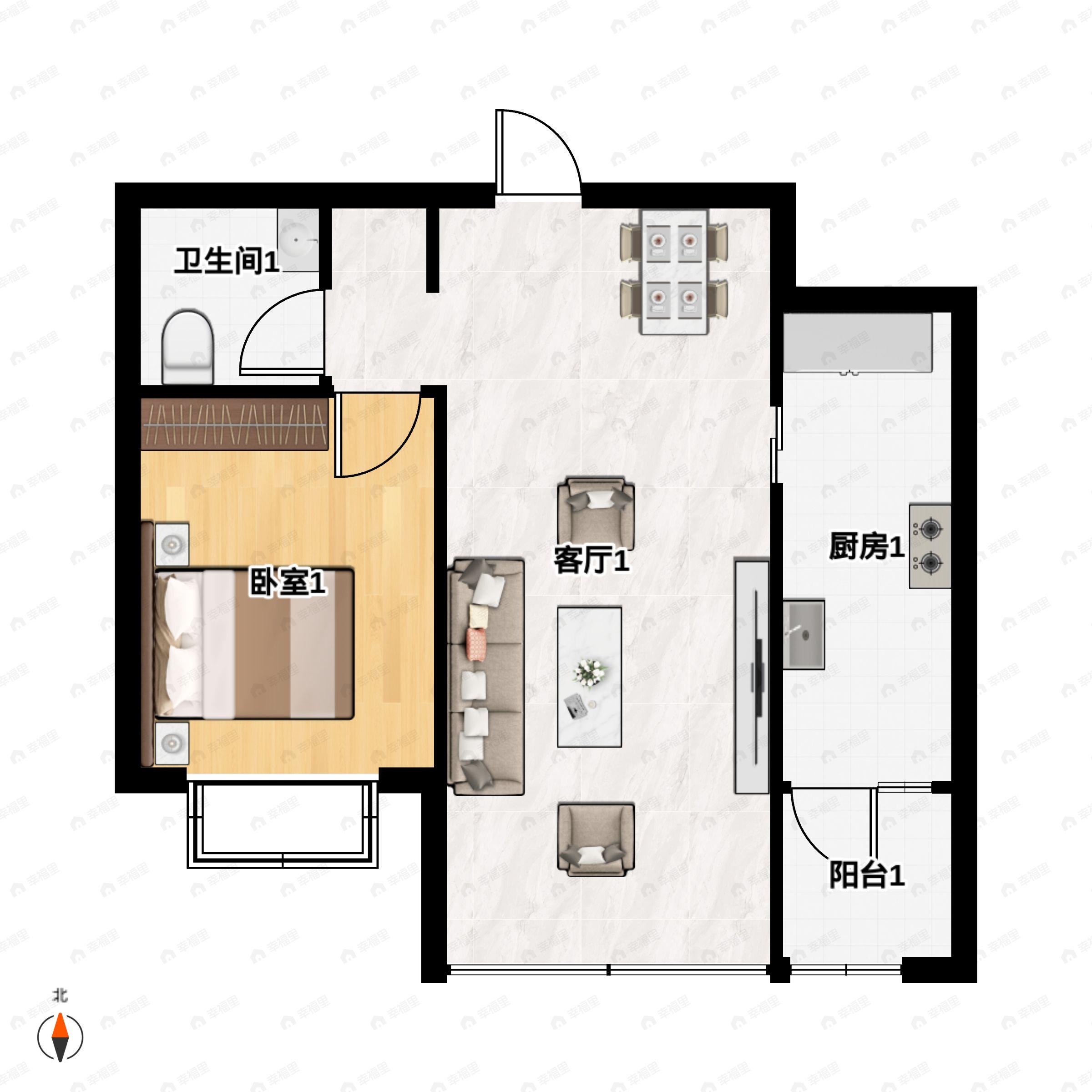 1室2厅1卫建面74平南户型图