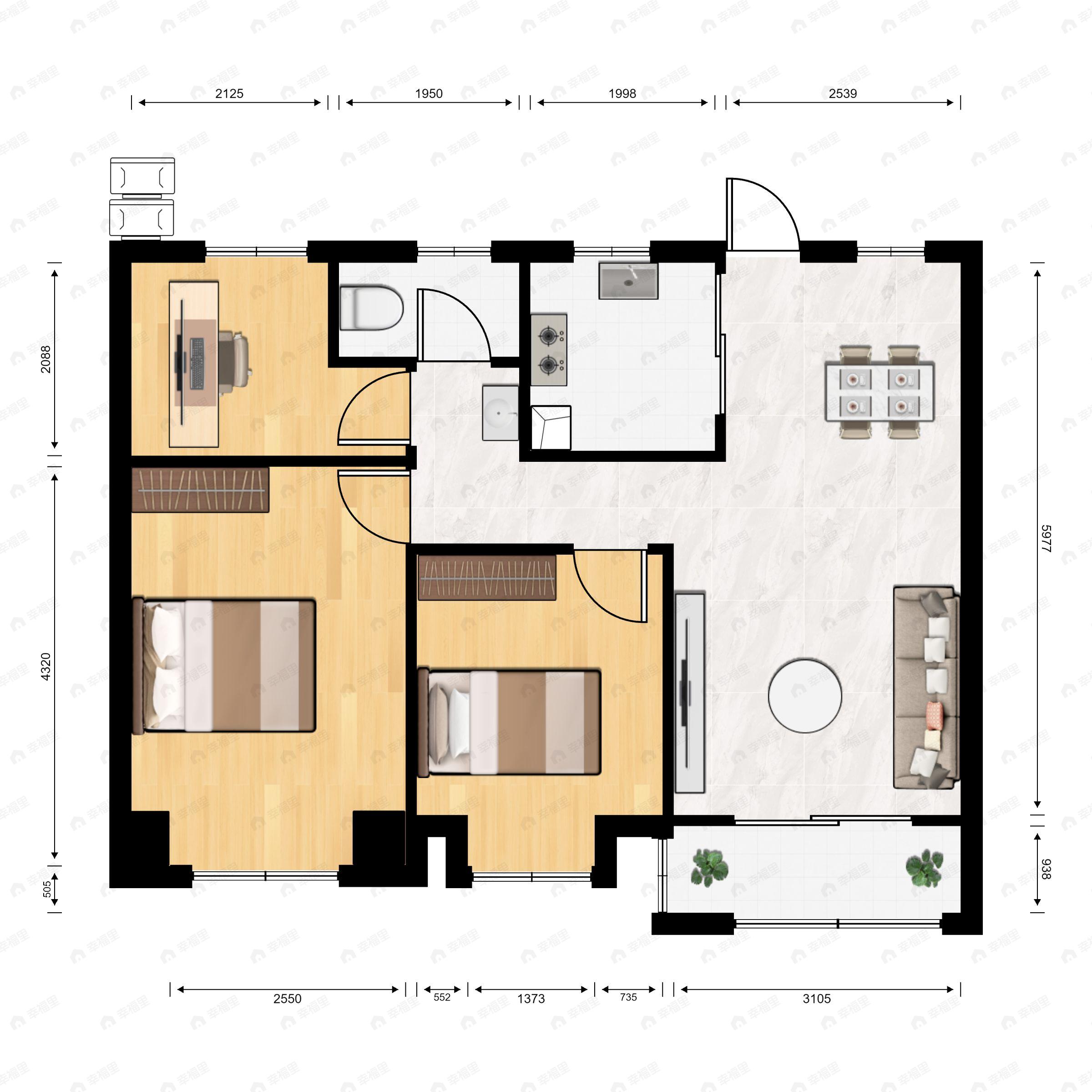 3室2厅2卫建面106平北|南户型图