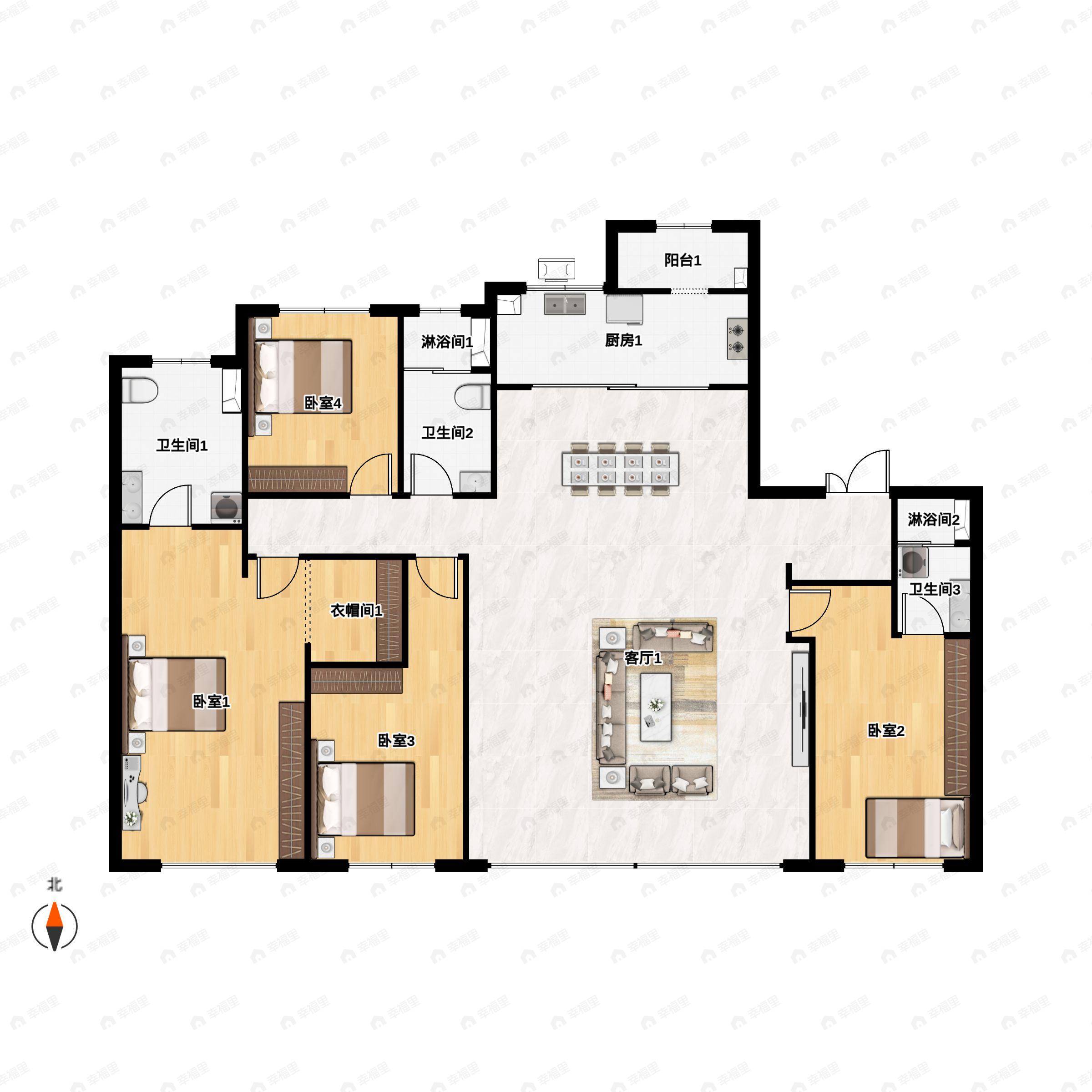 4室2厅3卫建面200m²南户型图