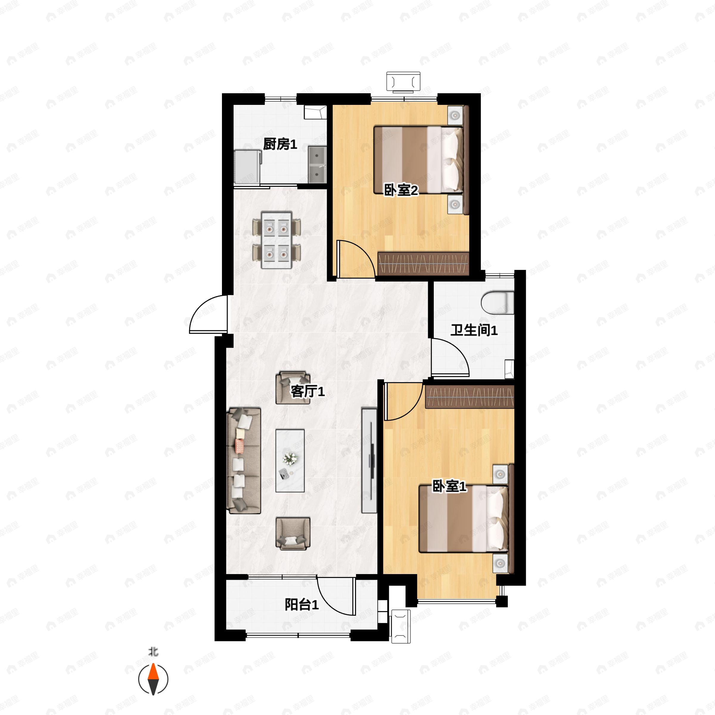 2室2厅1卫建面89m²南|北户型图
