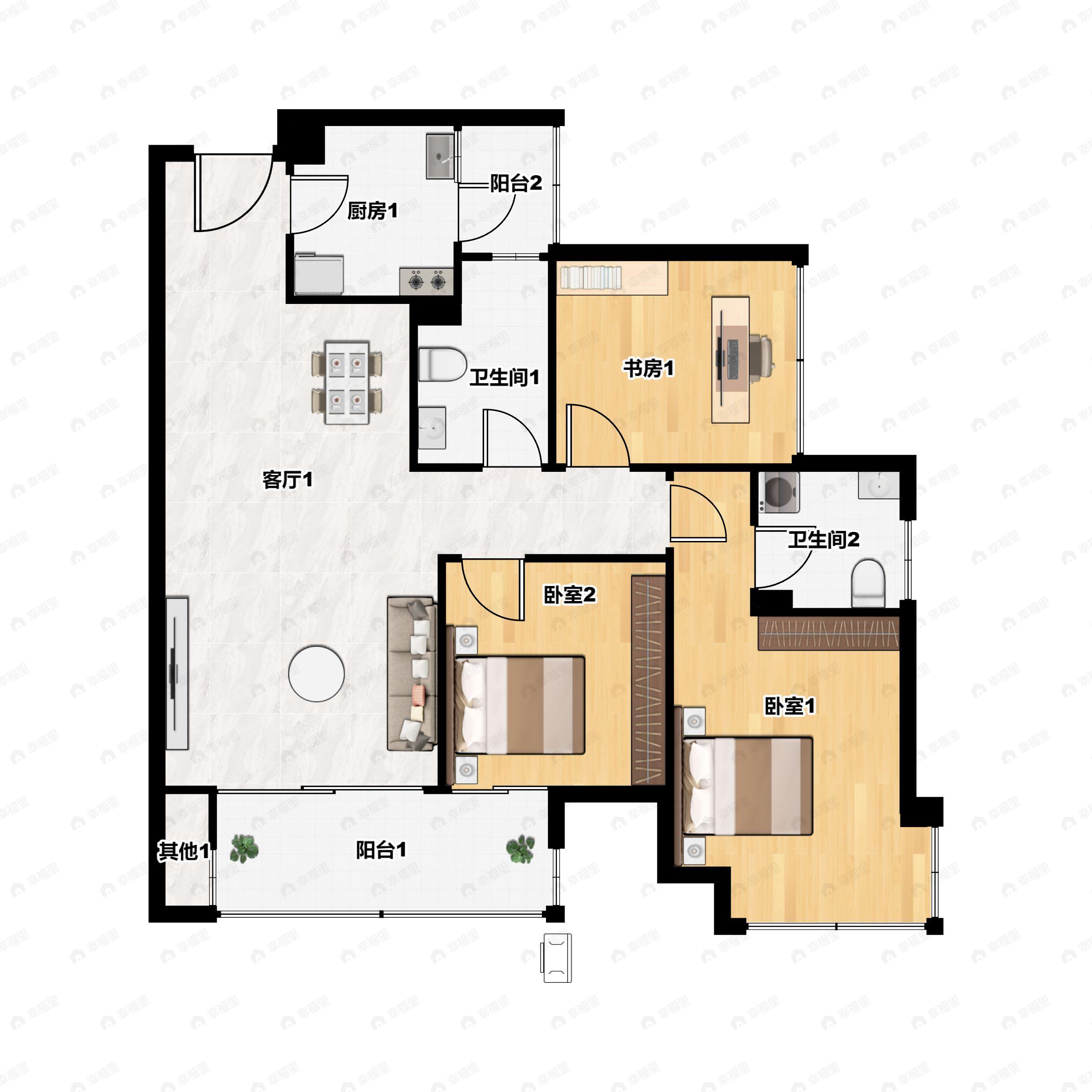 3室2厅2卫建面105m²南户型图