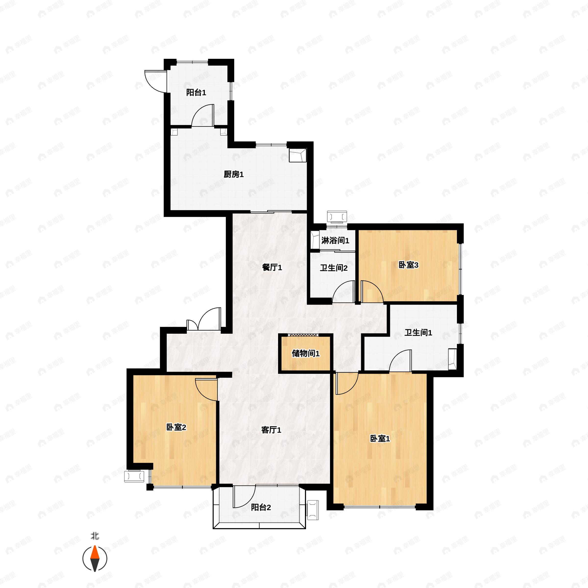 3室2厅2卫建面173平北|南户型图