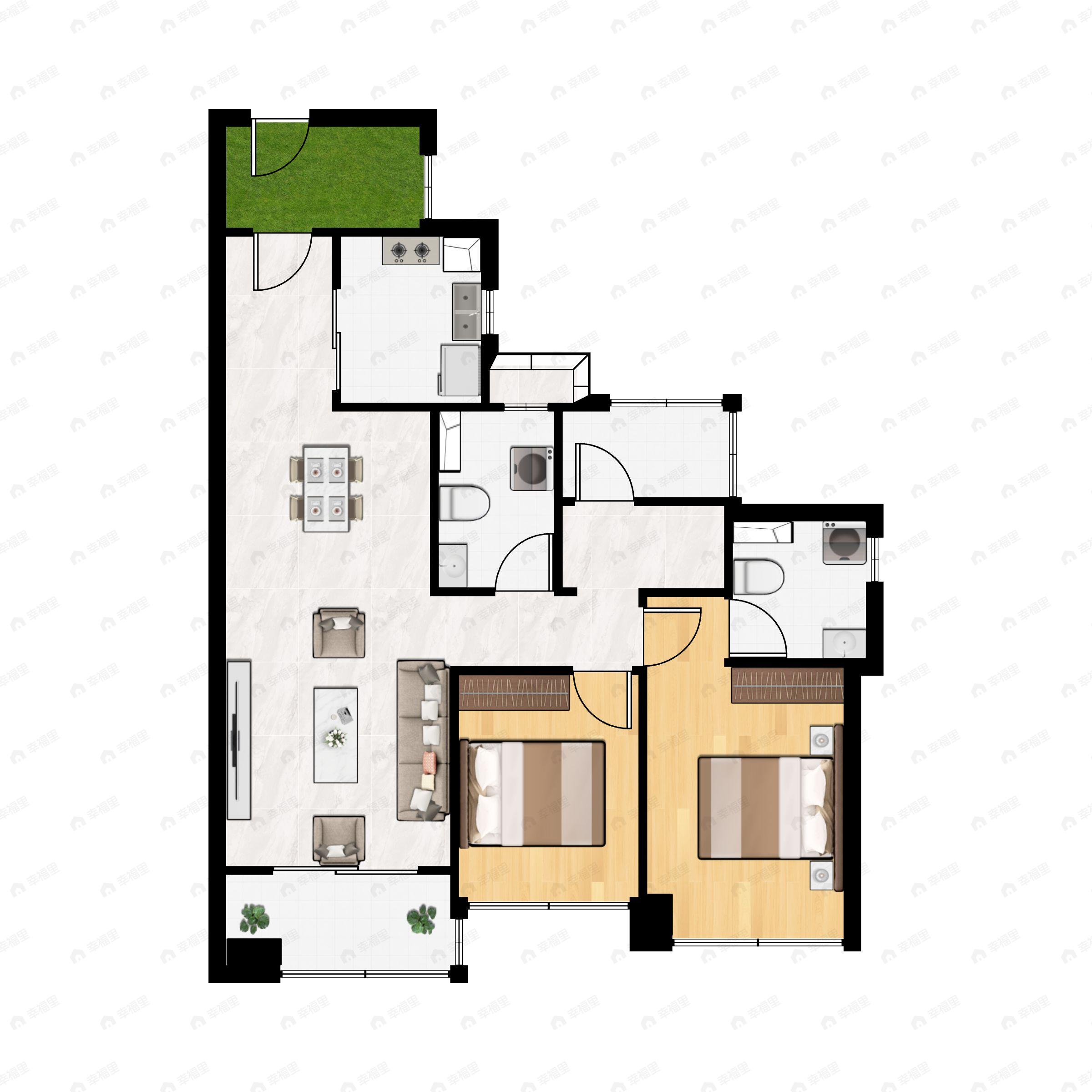 2室2厅2卫建面93m²南户型图