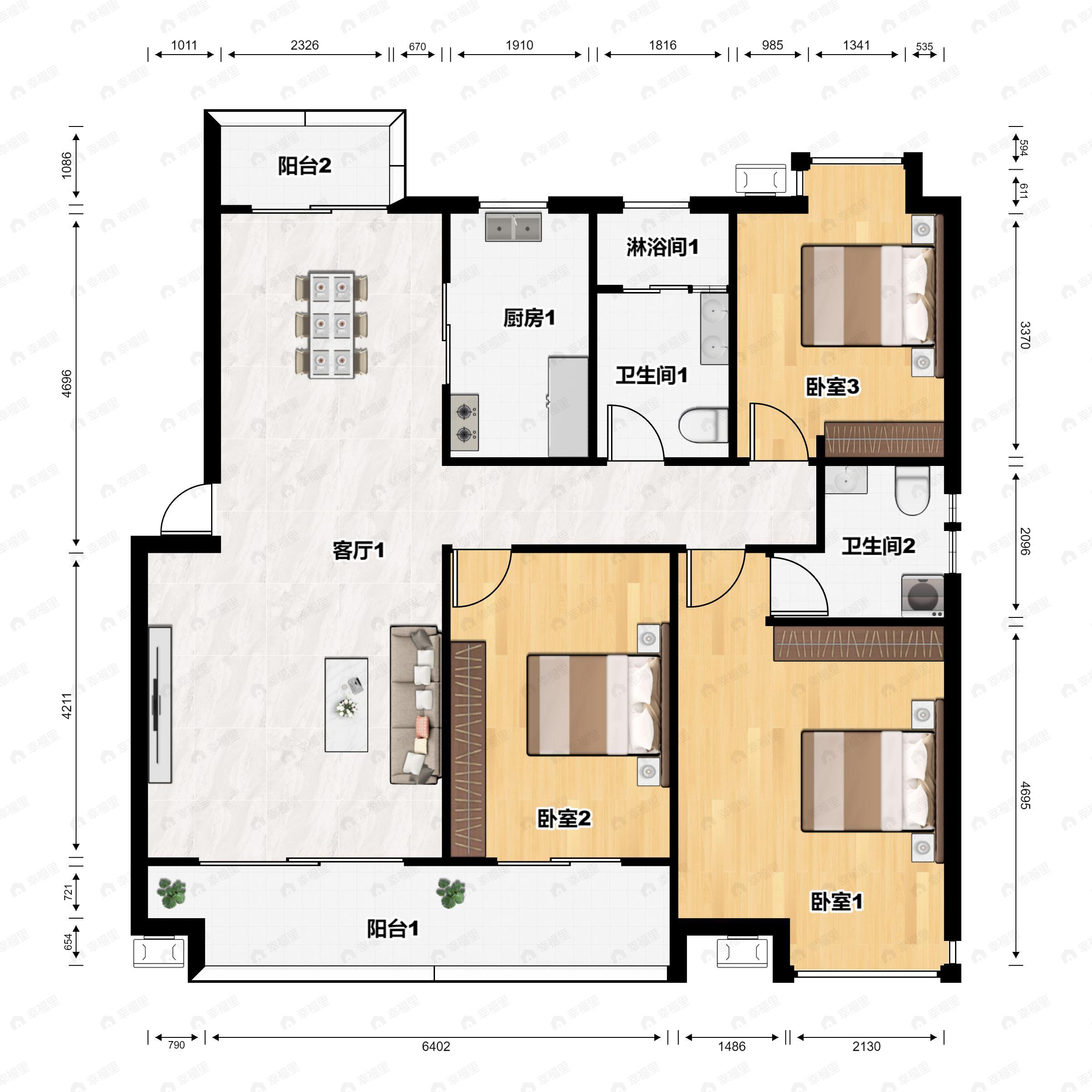 3室2厅2卫建面128m²南户型图
