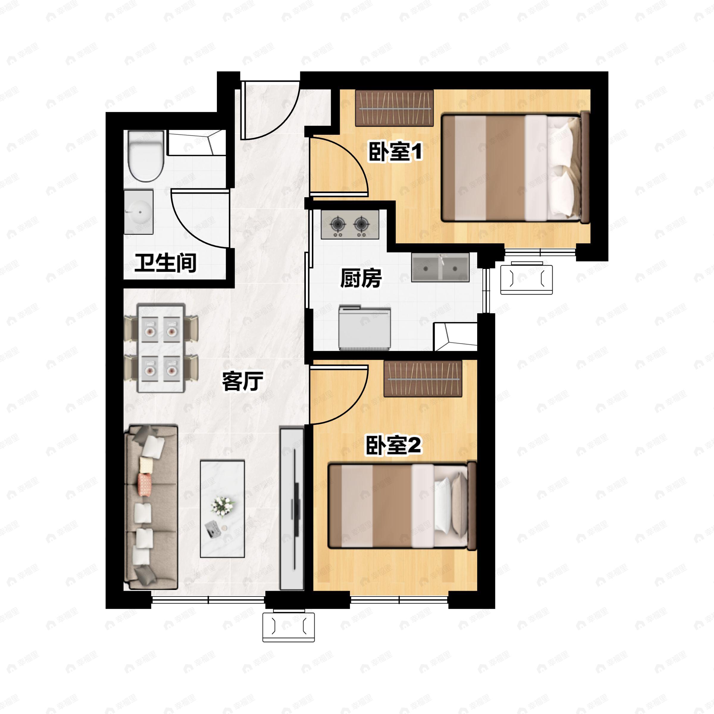 2室2厅1卫建面72m²东|南户型图