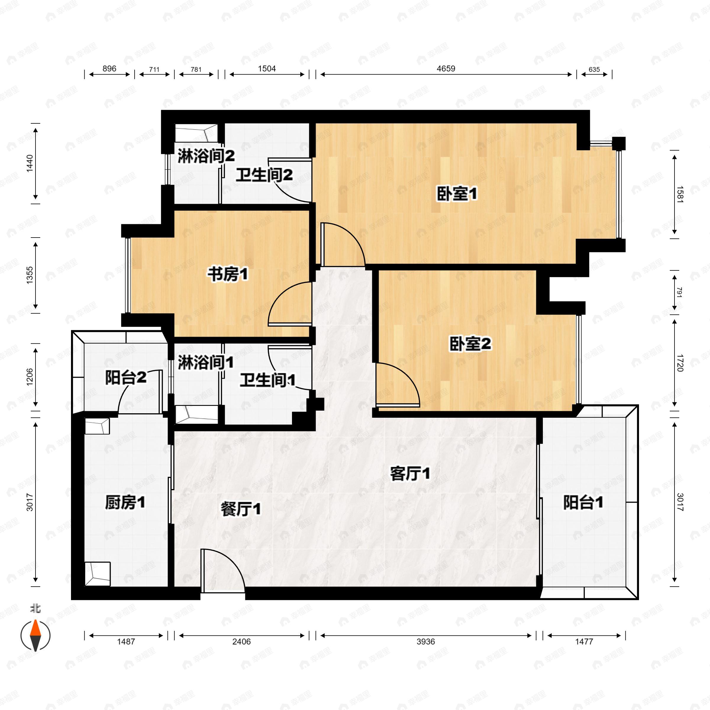 3室2厅2卫建面105平户型图