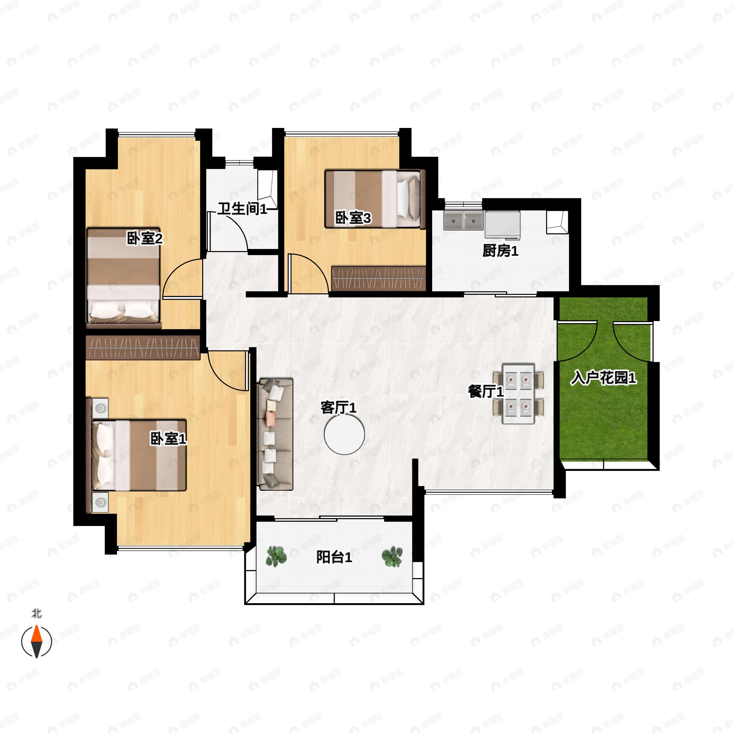 3室2厅1卫建面101平南户型图