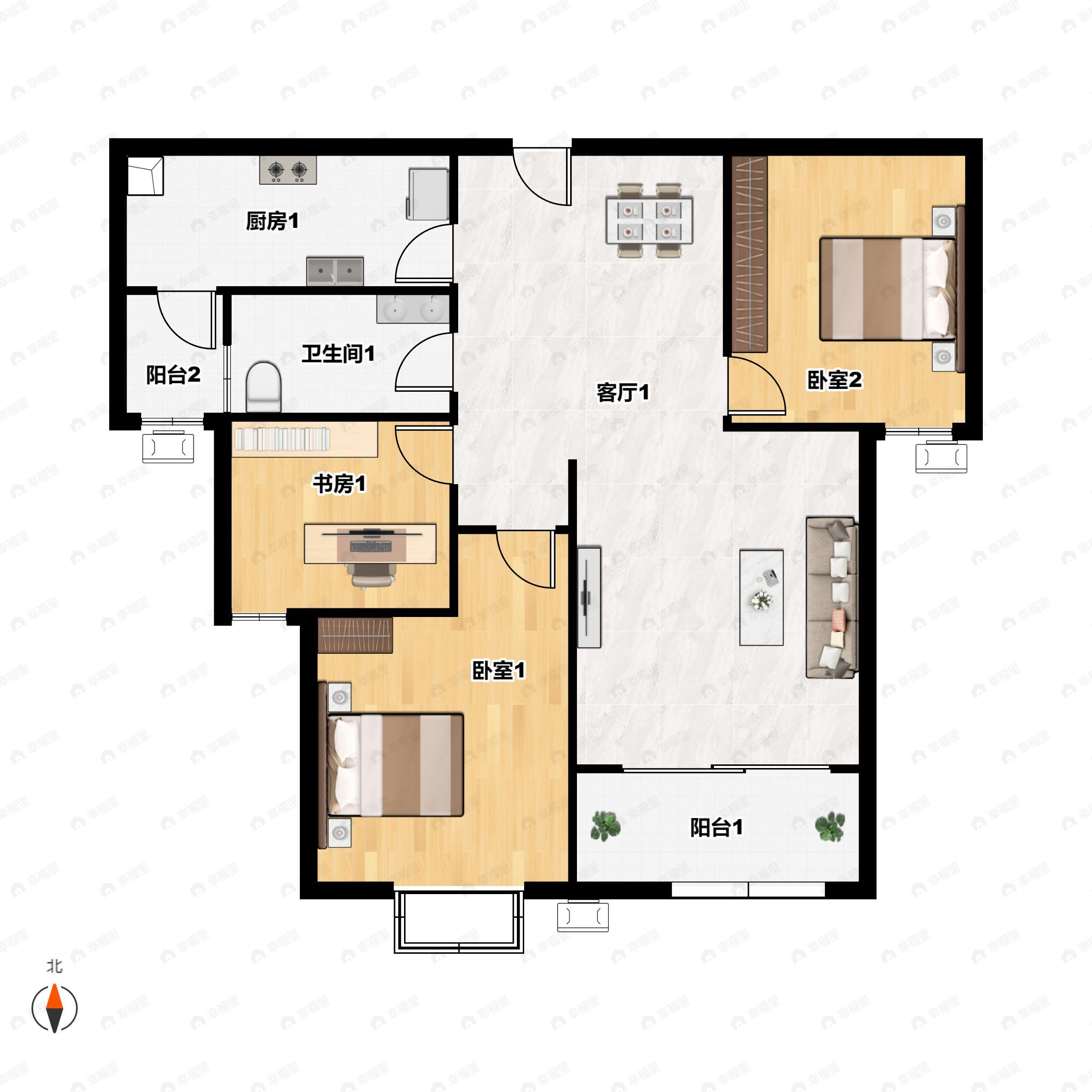 3室2厅1卫建面99m²南户型图